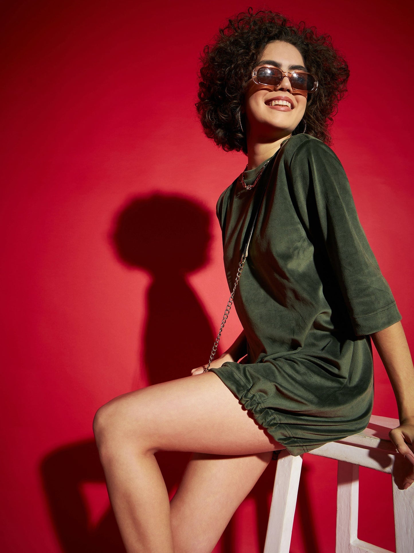 Women Olive Velour Tie Hem Mini Dress