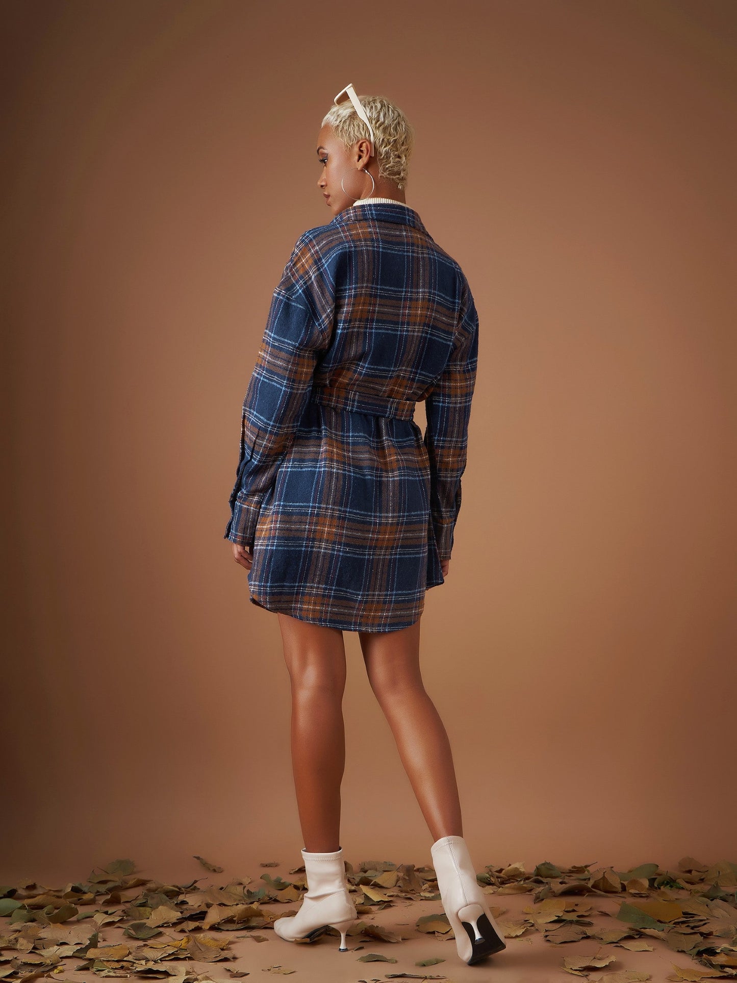 Navy Flannel Check Belted Shirt Dress