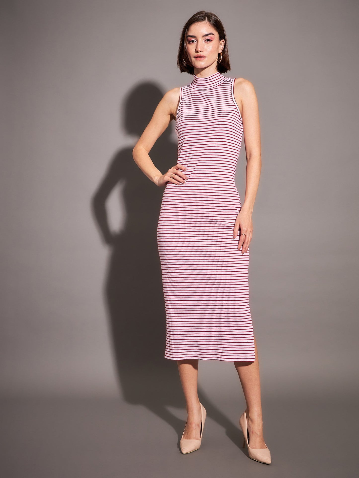 Red & White Striped Rib Turtle Neck Sleeveless Dress