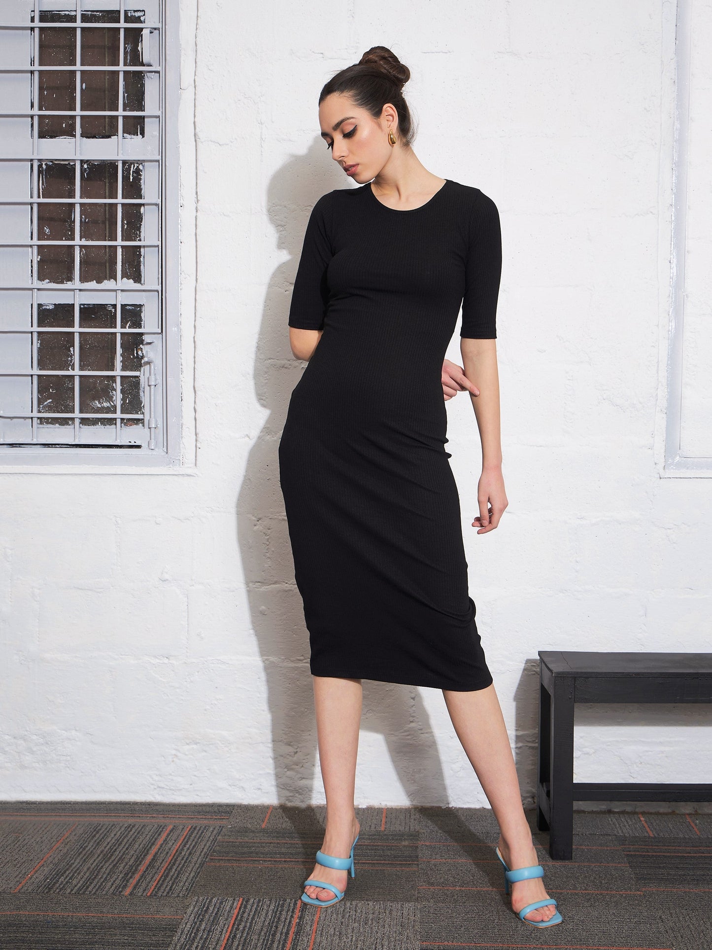 Black Rib Twisted Back Cut Out Bodycon Dress