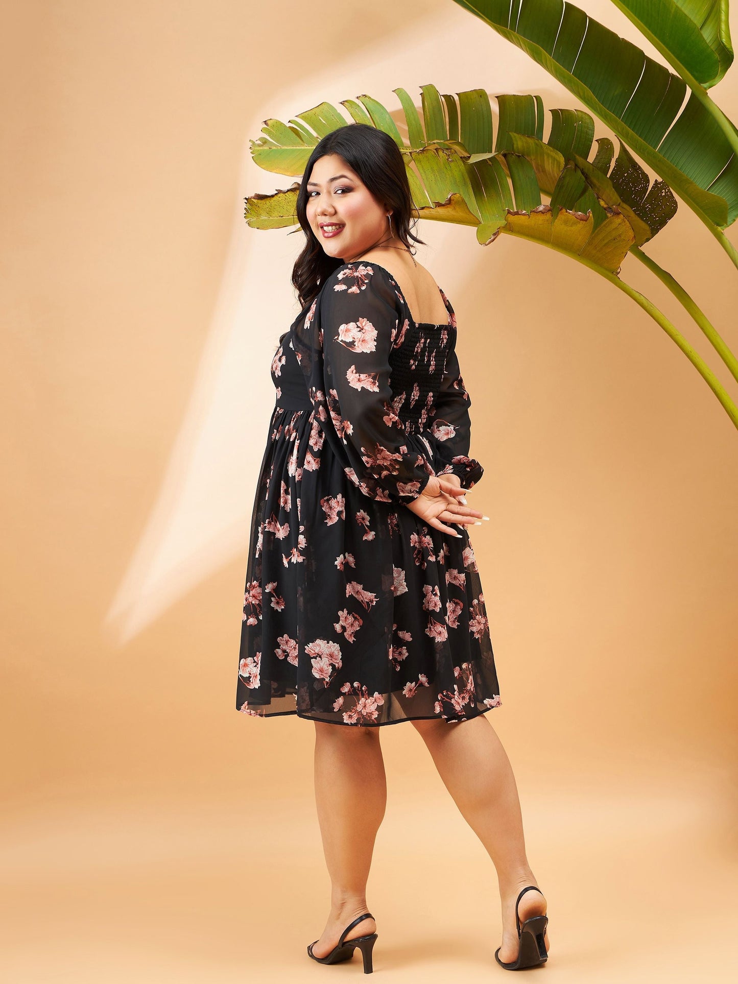 Black Floral Print Back Smocking Detail Skater Dress-SASSAFRAS Curve