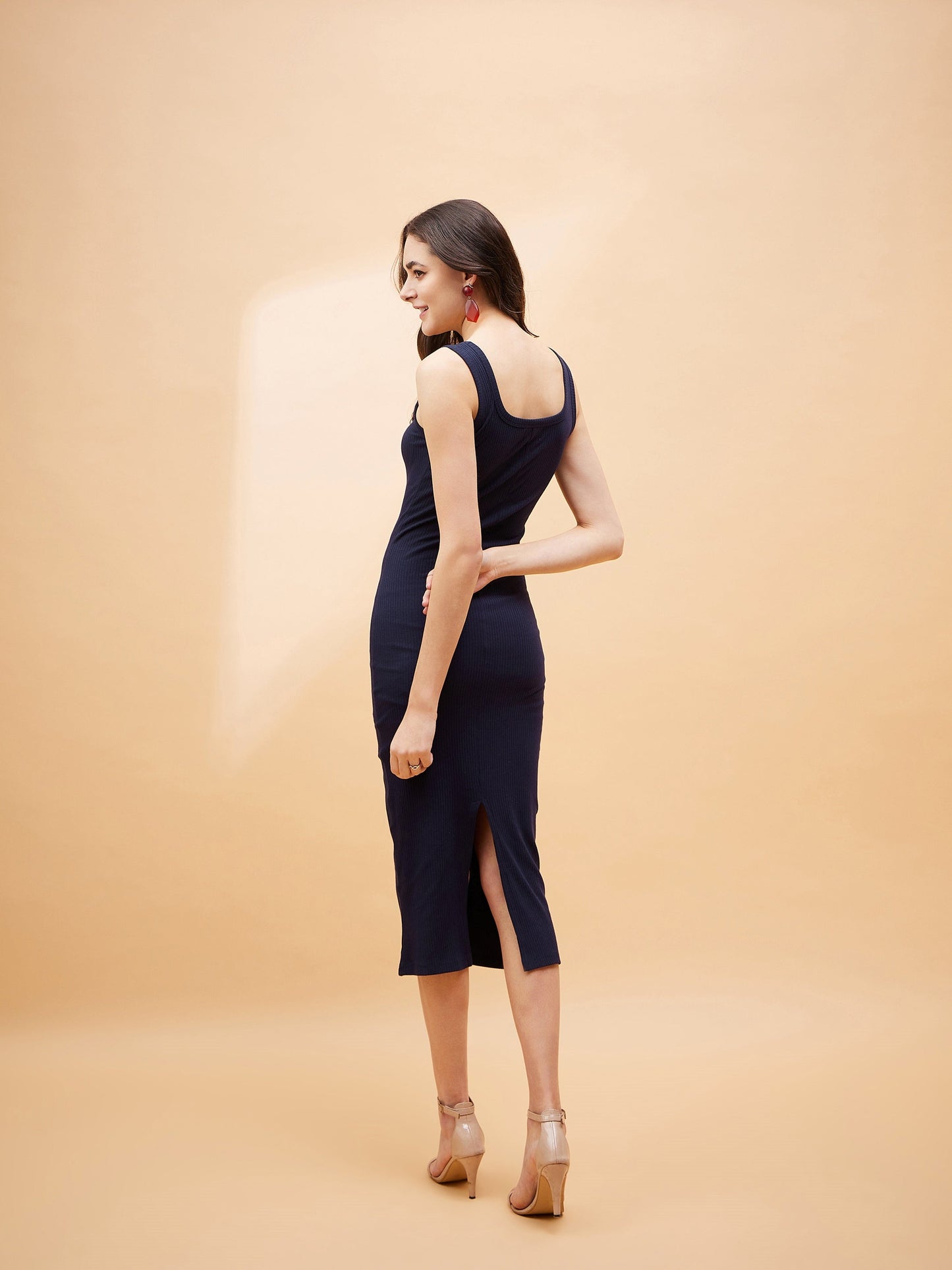 Navy Blue Rib Round Neck Midi Dress