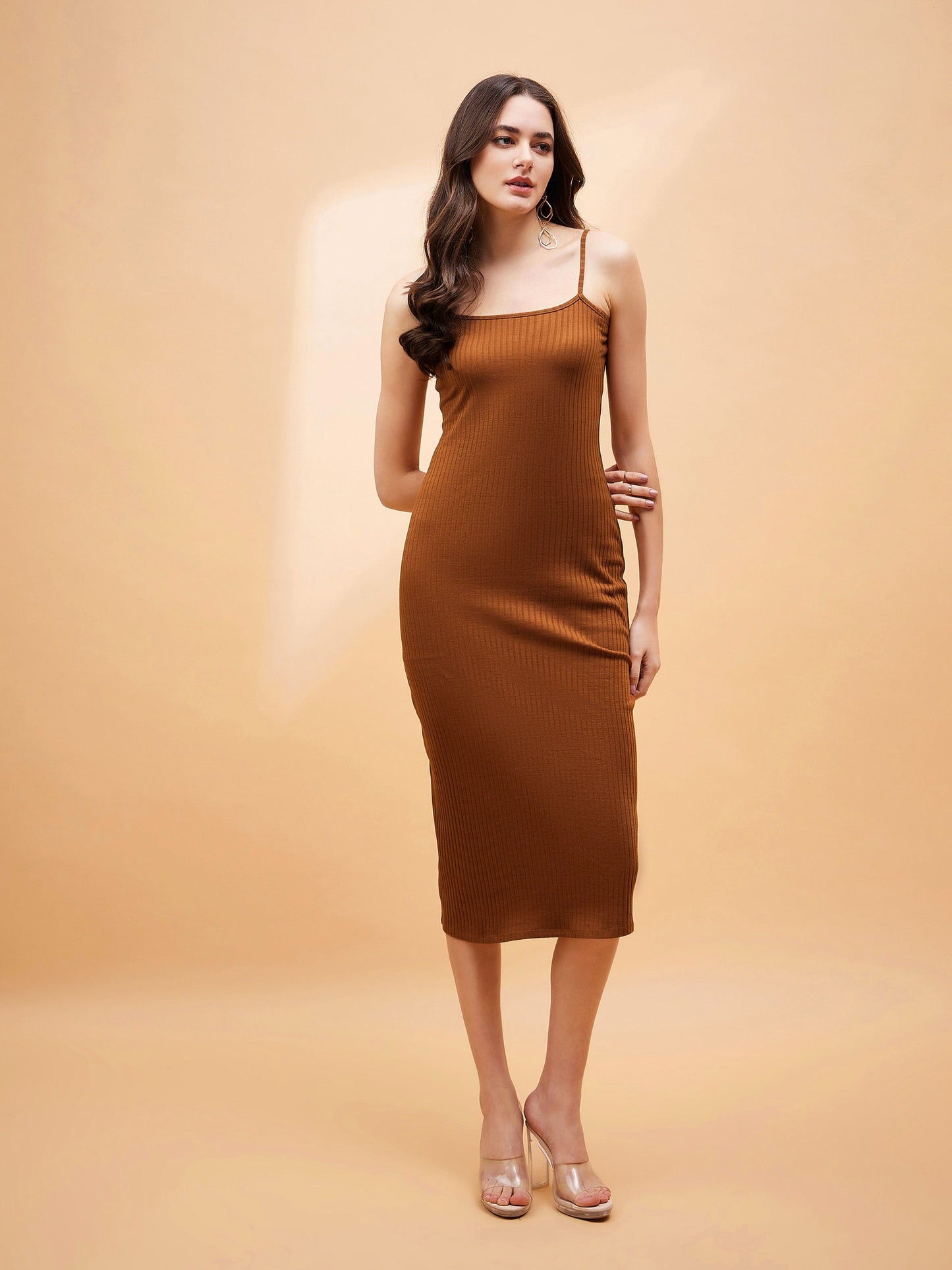 Brown Rib Strappy Dress