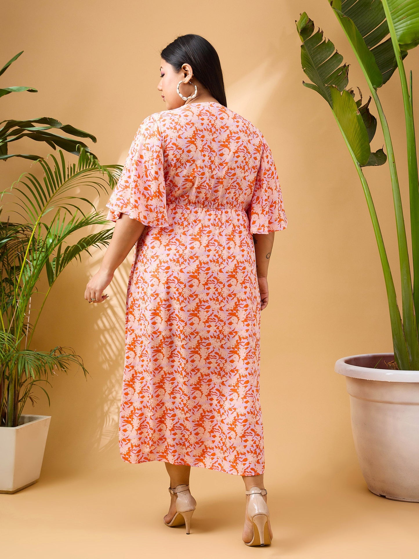 Orange Floral Front Slit Midi Dress