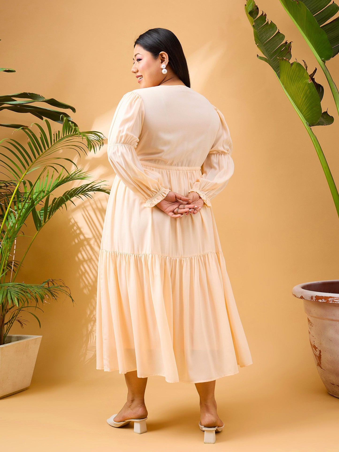 Peach Solid Front Dori Tiered Midi Dress