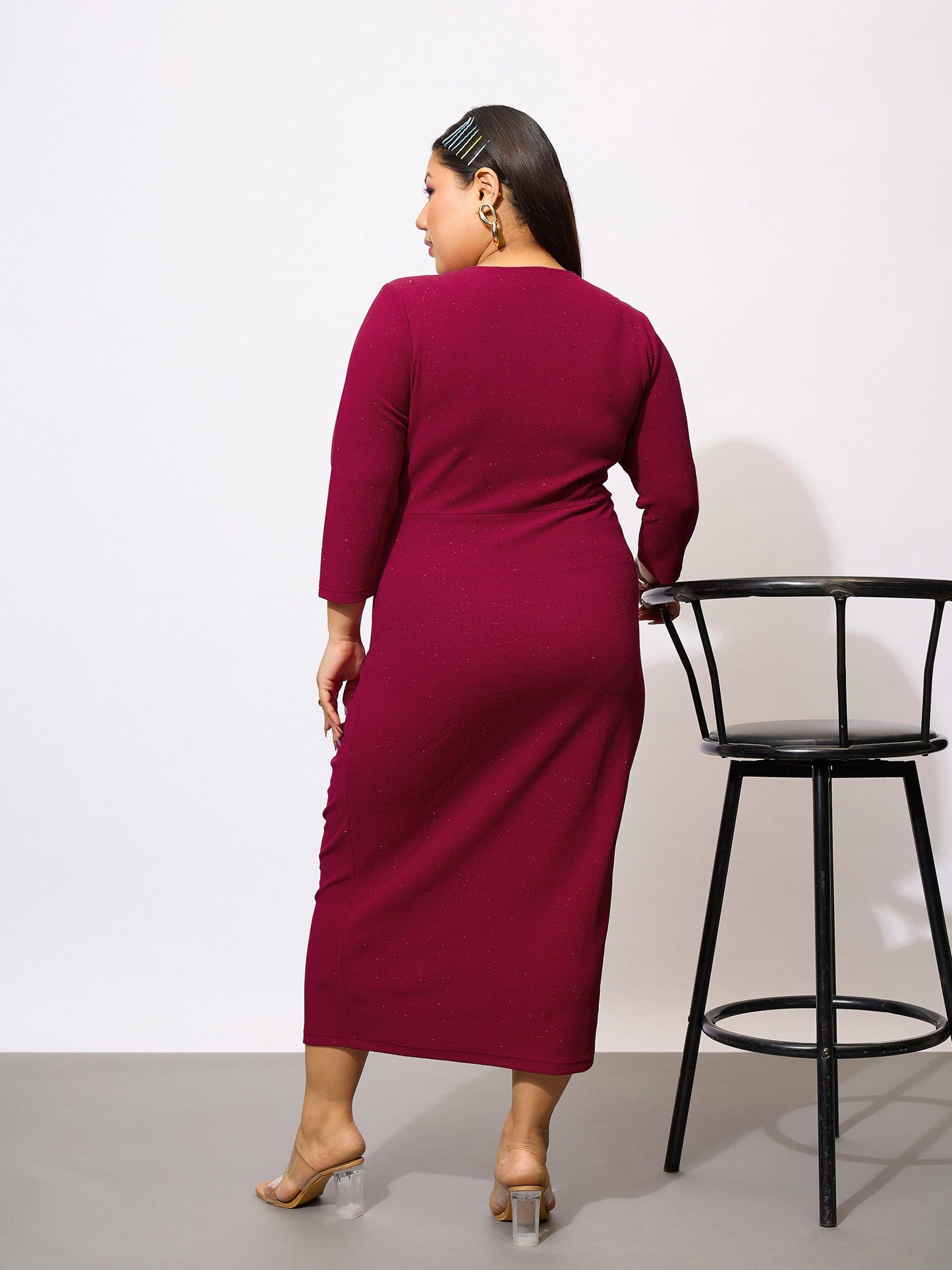 Maroon Glitter Front Ruched Bodycon Dress