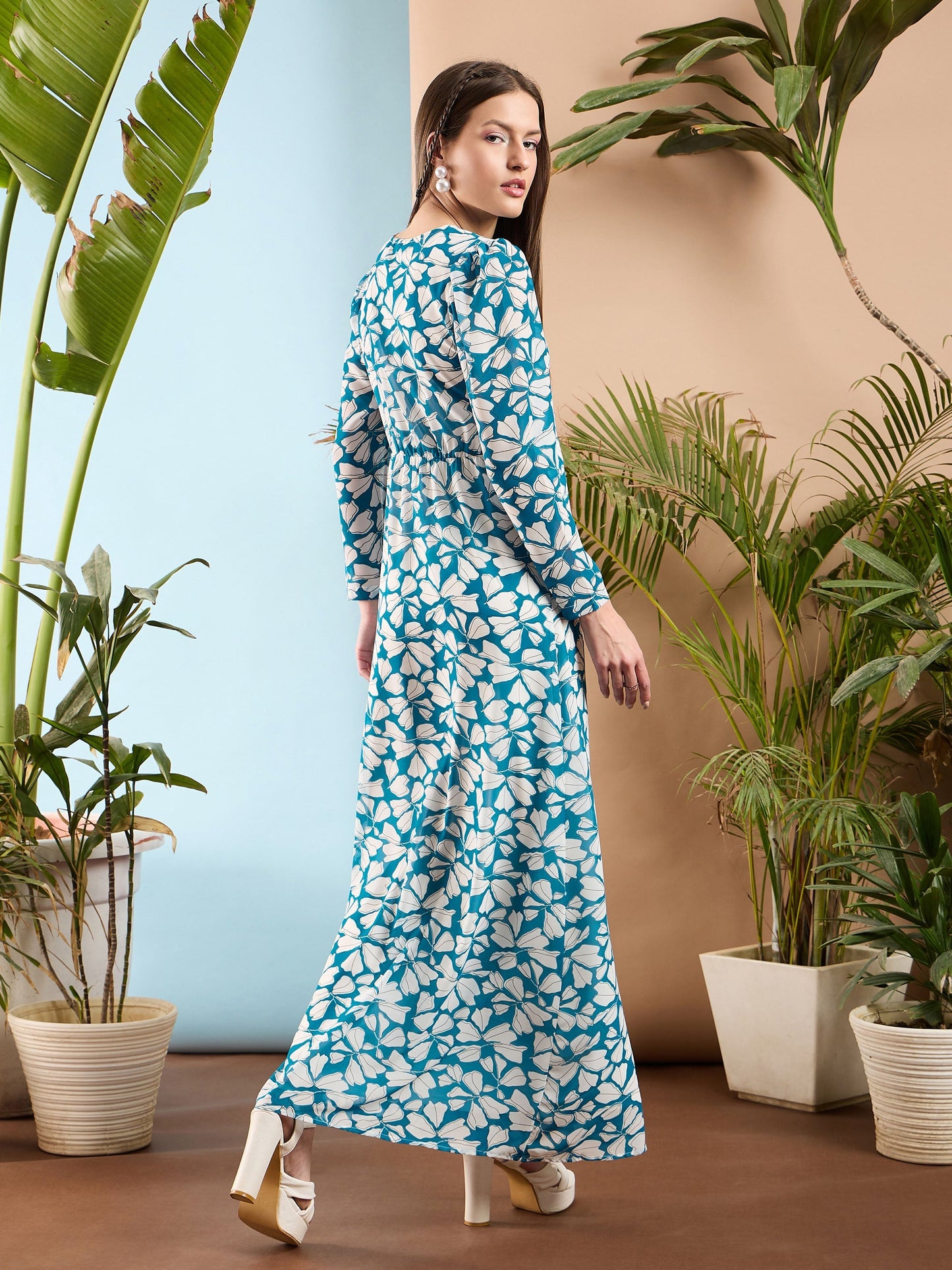 Blue Floral Front Twisted Maxi Dress