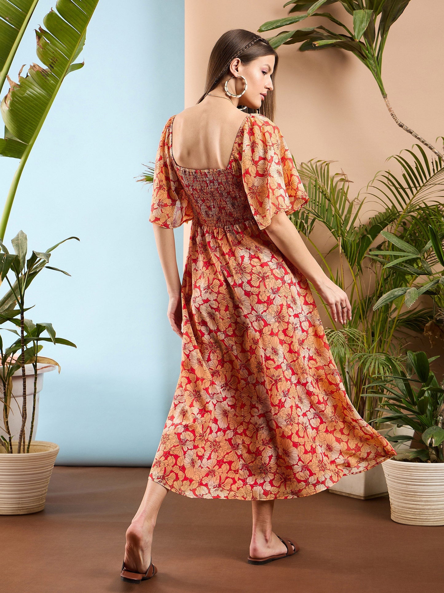 Red Floral Front Tie Midi Dress