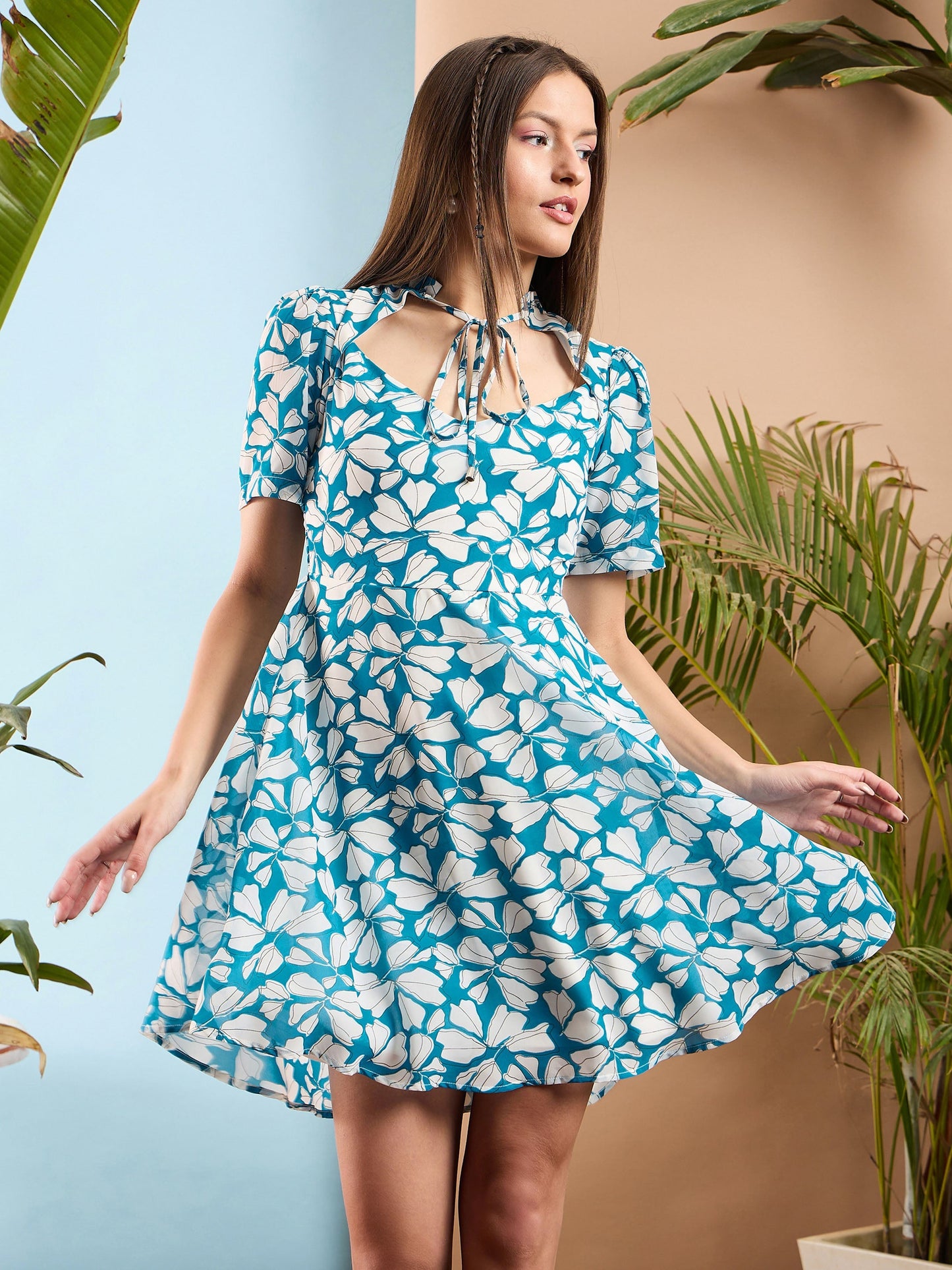 Blue Floral Rhombus Neck A-Line Short Dress