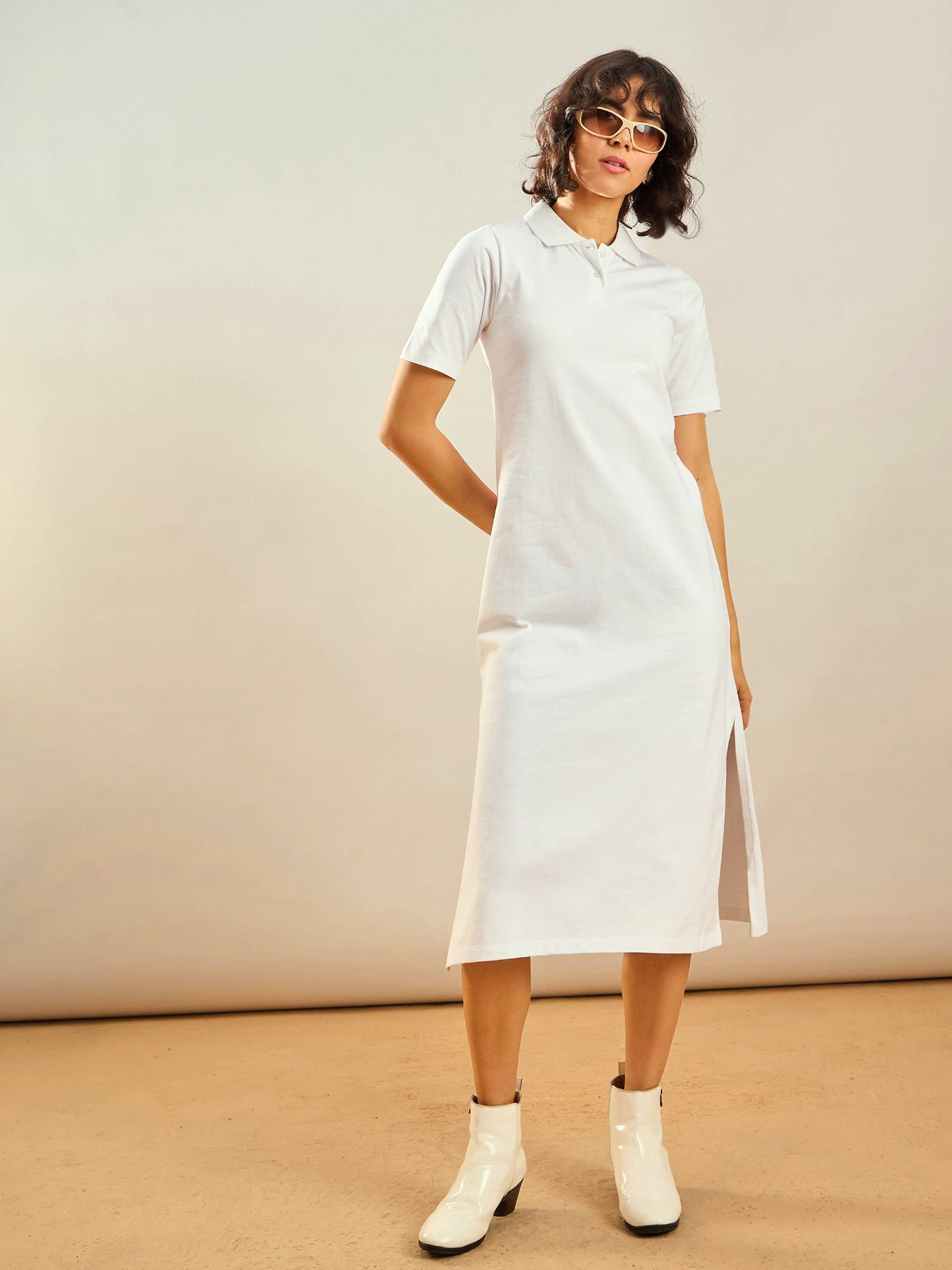 White 26 Printed Polo Neck T-Shirt Dress