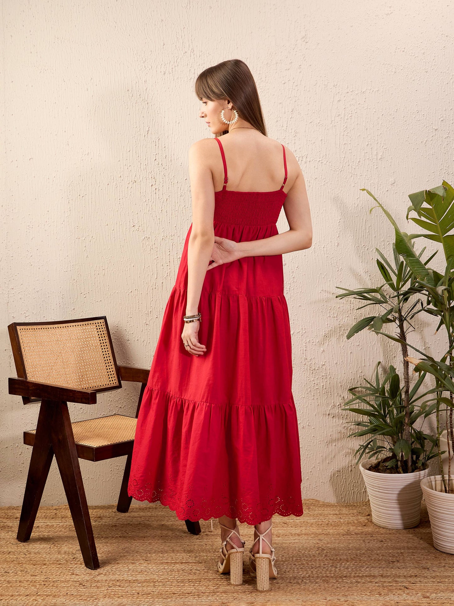 Women Red Schiffli Strappy Tiered Maxi Dress