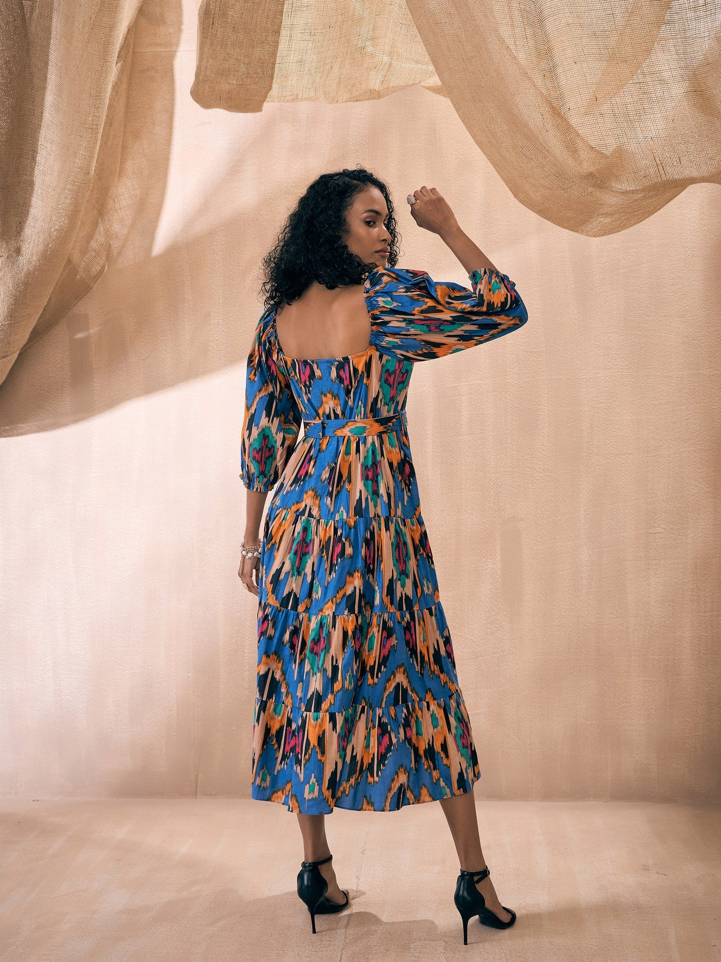 Blue Ikat Front Button Self Belt Tiered Midi Dress