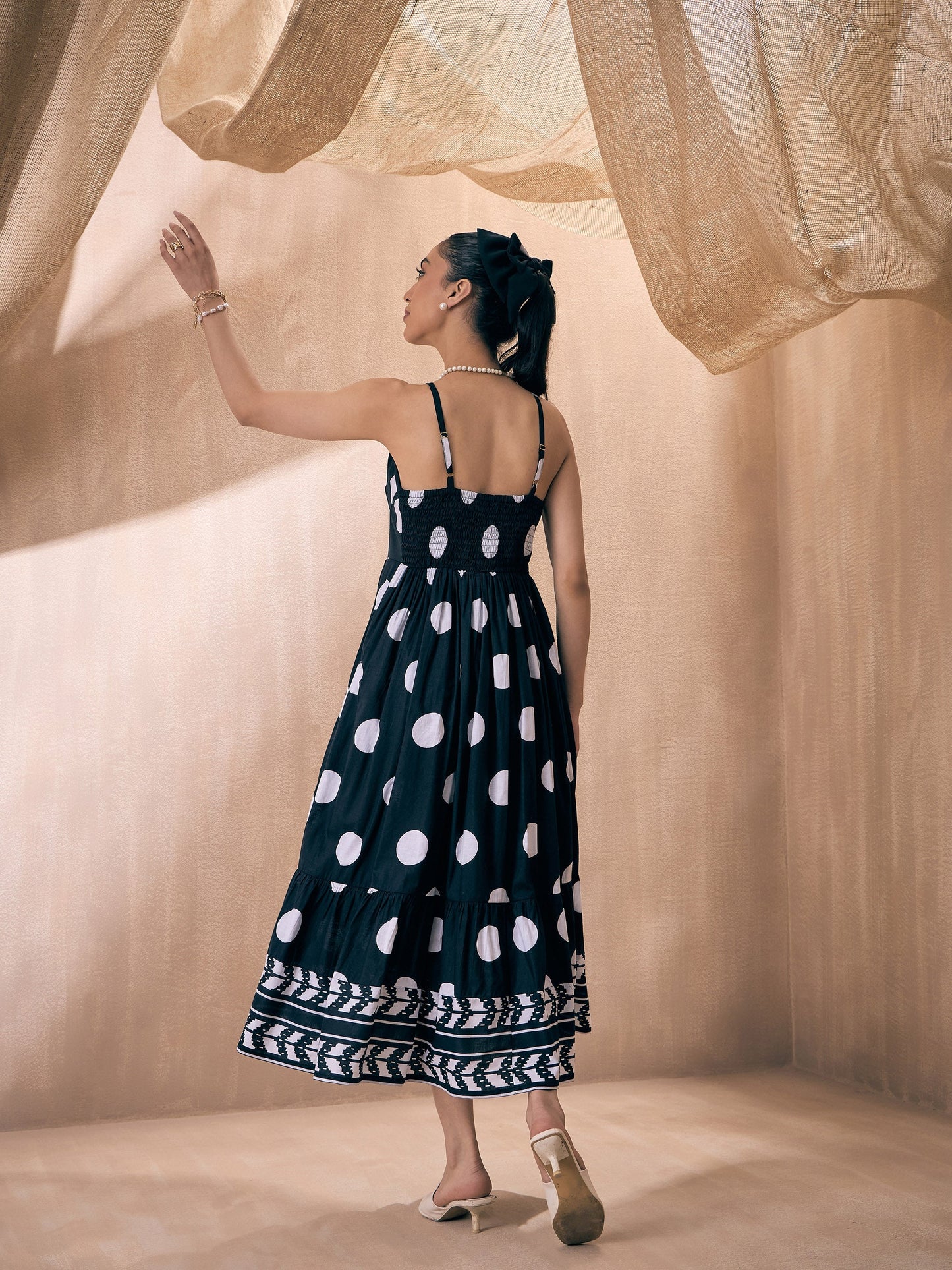 Black Polka Dot Front Slit Strappy Midi Dress