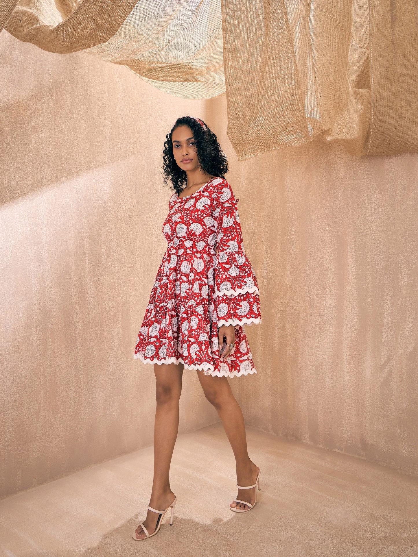 Red Floral Lace Detail Back Cut-Out Smocked Dress