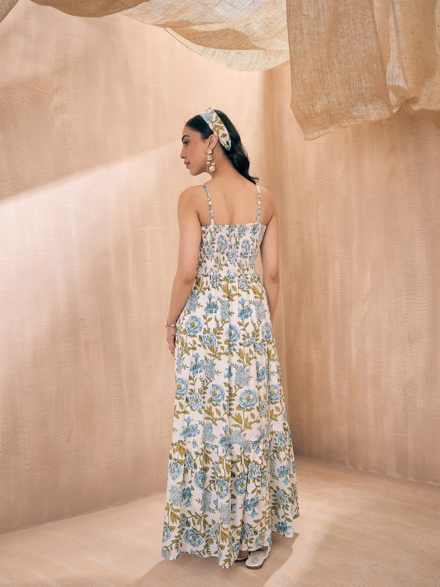 Women White Floral Smocked Bust Tiered Maxi