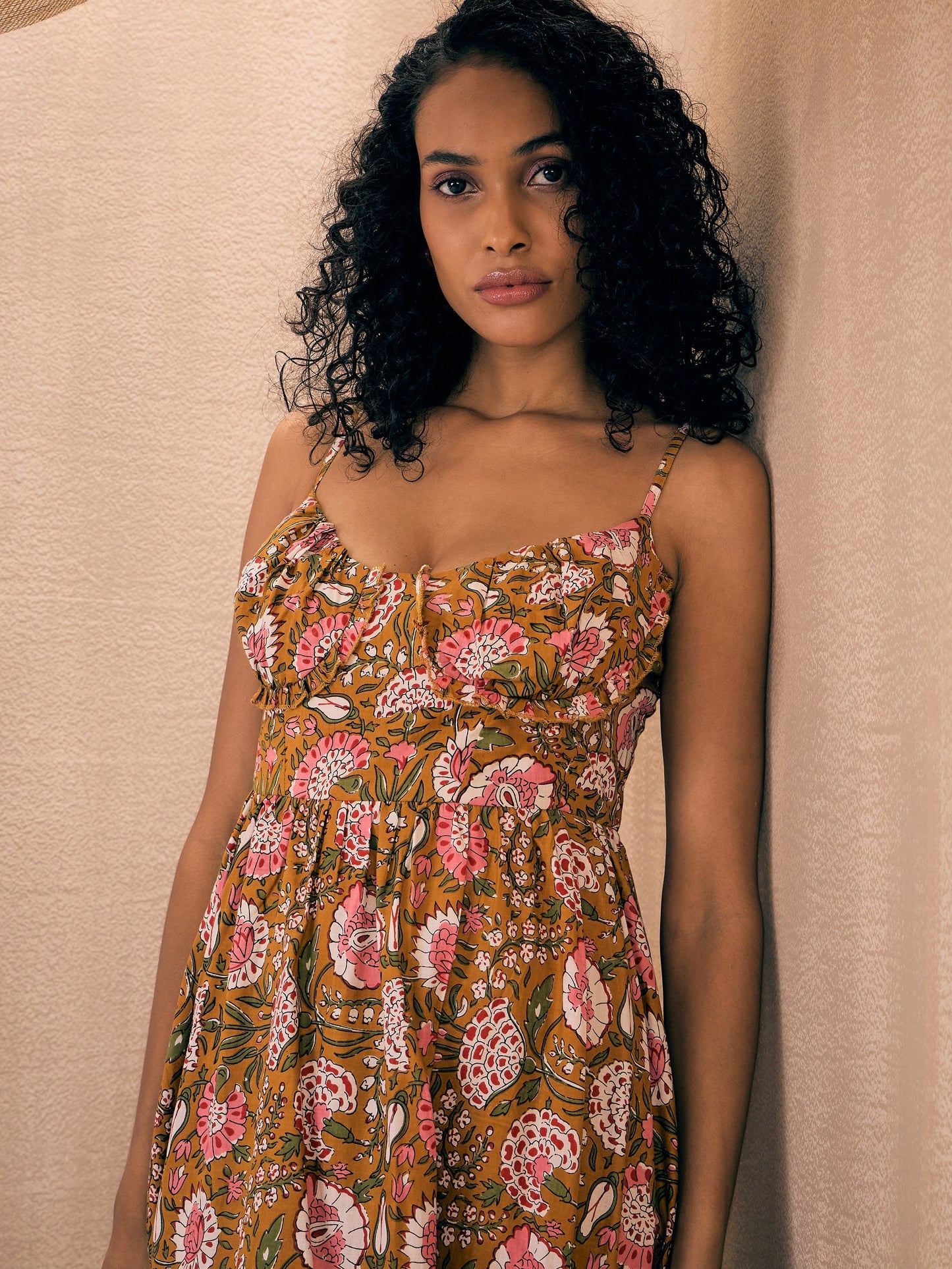 Brown Floral Back Tie Strappy Tiered Slit Maxi