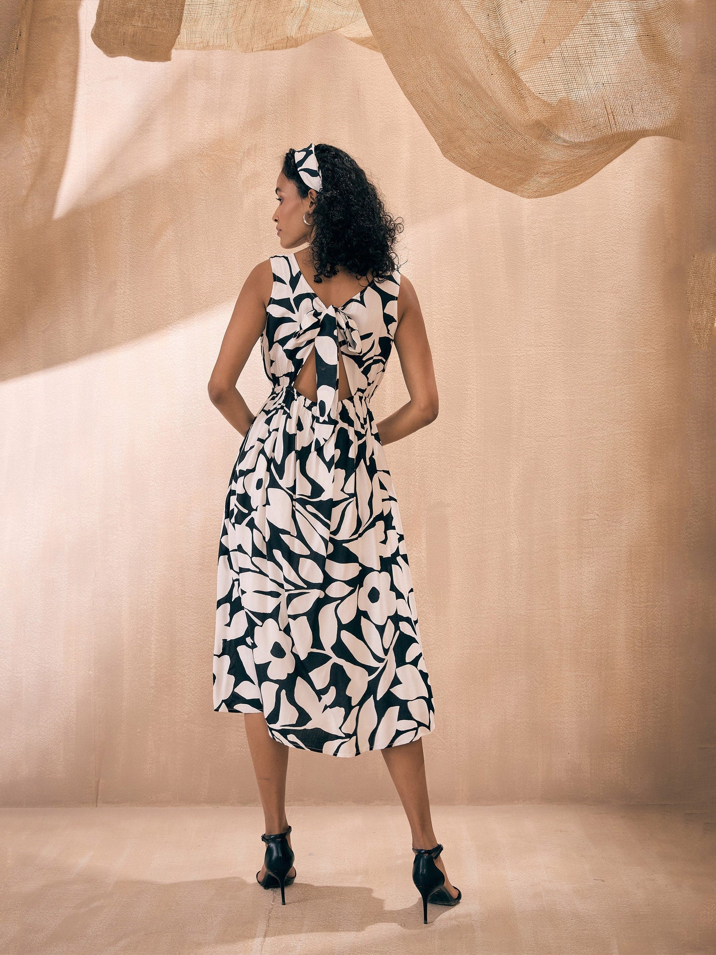 White & Black Floral Front Button Midi Dress