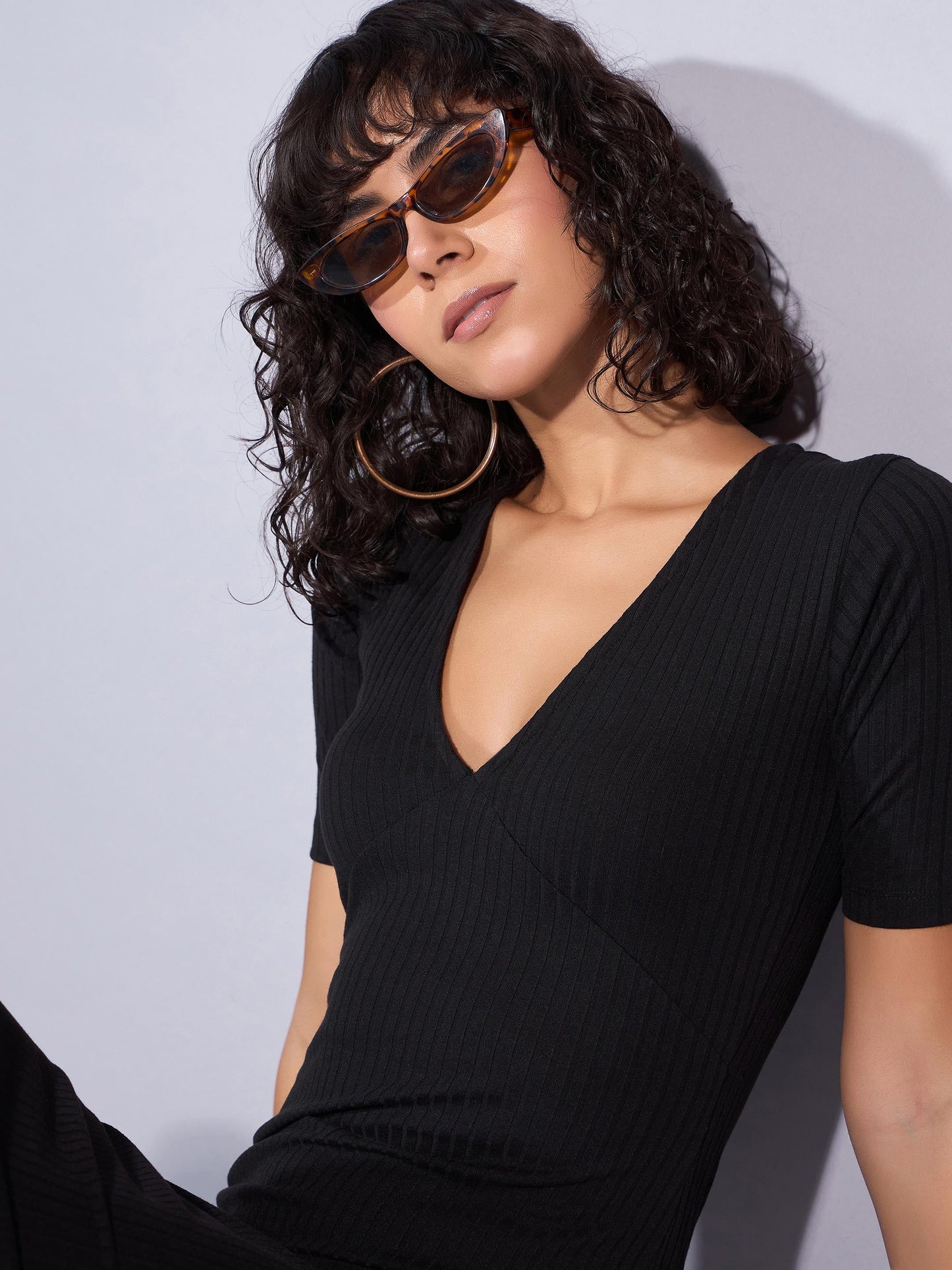 Black Rib V Neck Midi Dress
