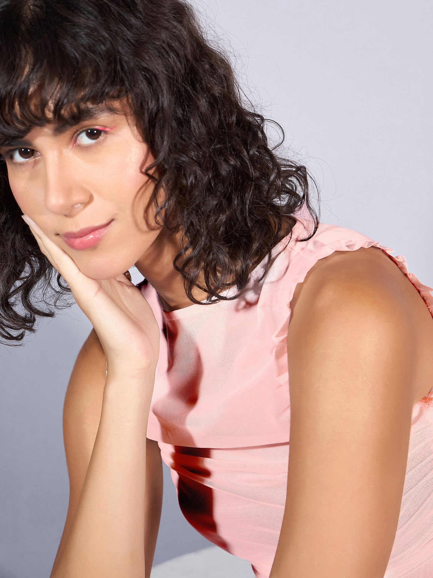 Women Pink Mesh Ruched Midi Dress