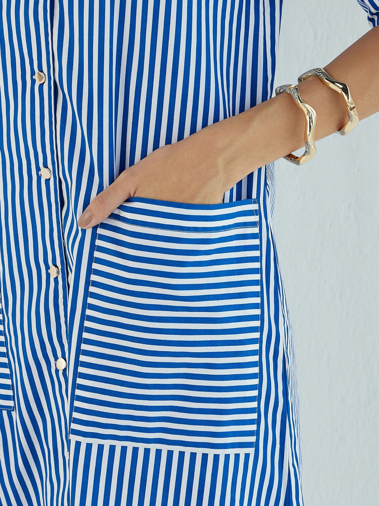 Women Blue & White Stripe Notch Collar Midi Dress