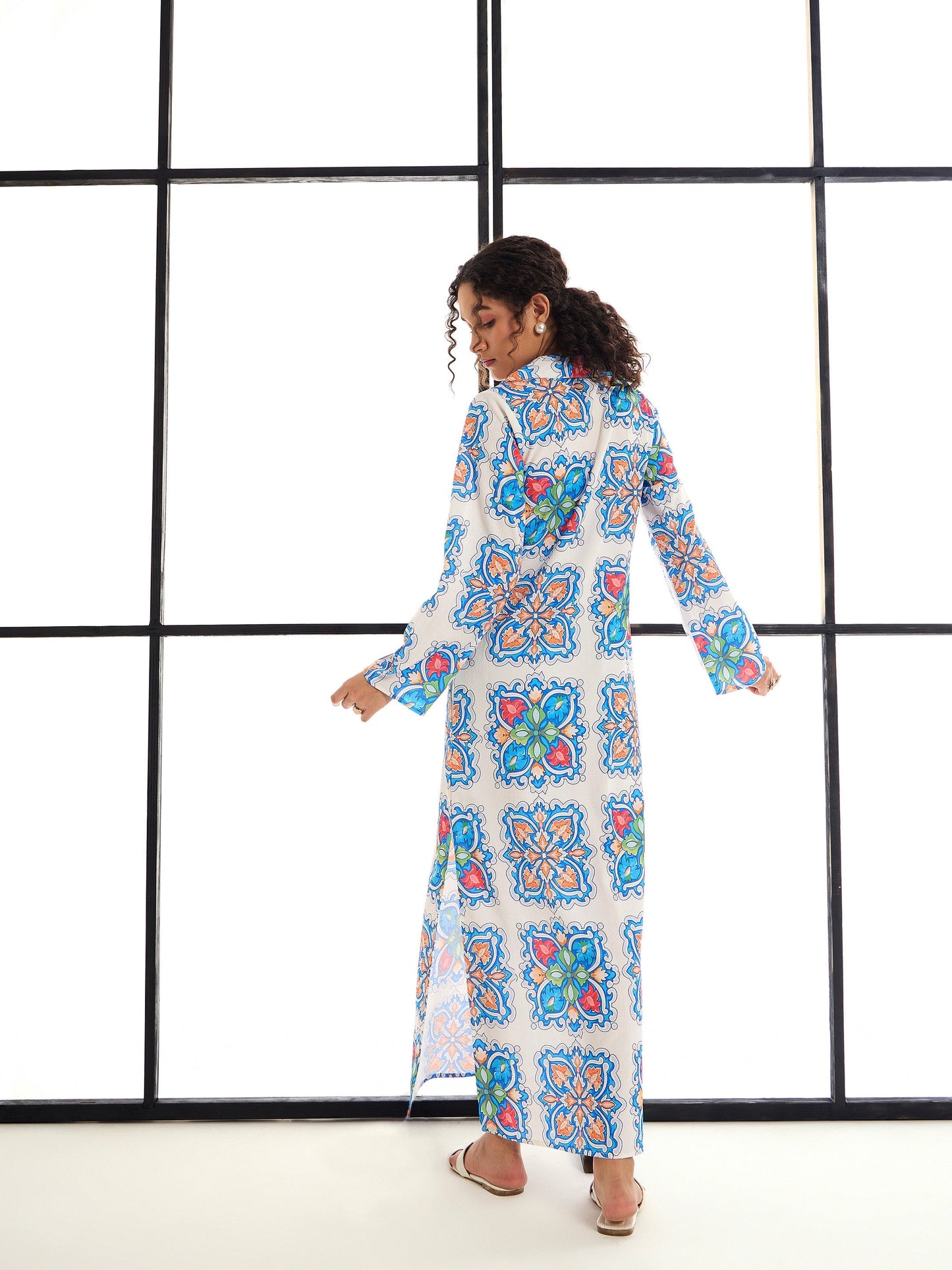White & Blue Floral Abaya Dress