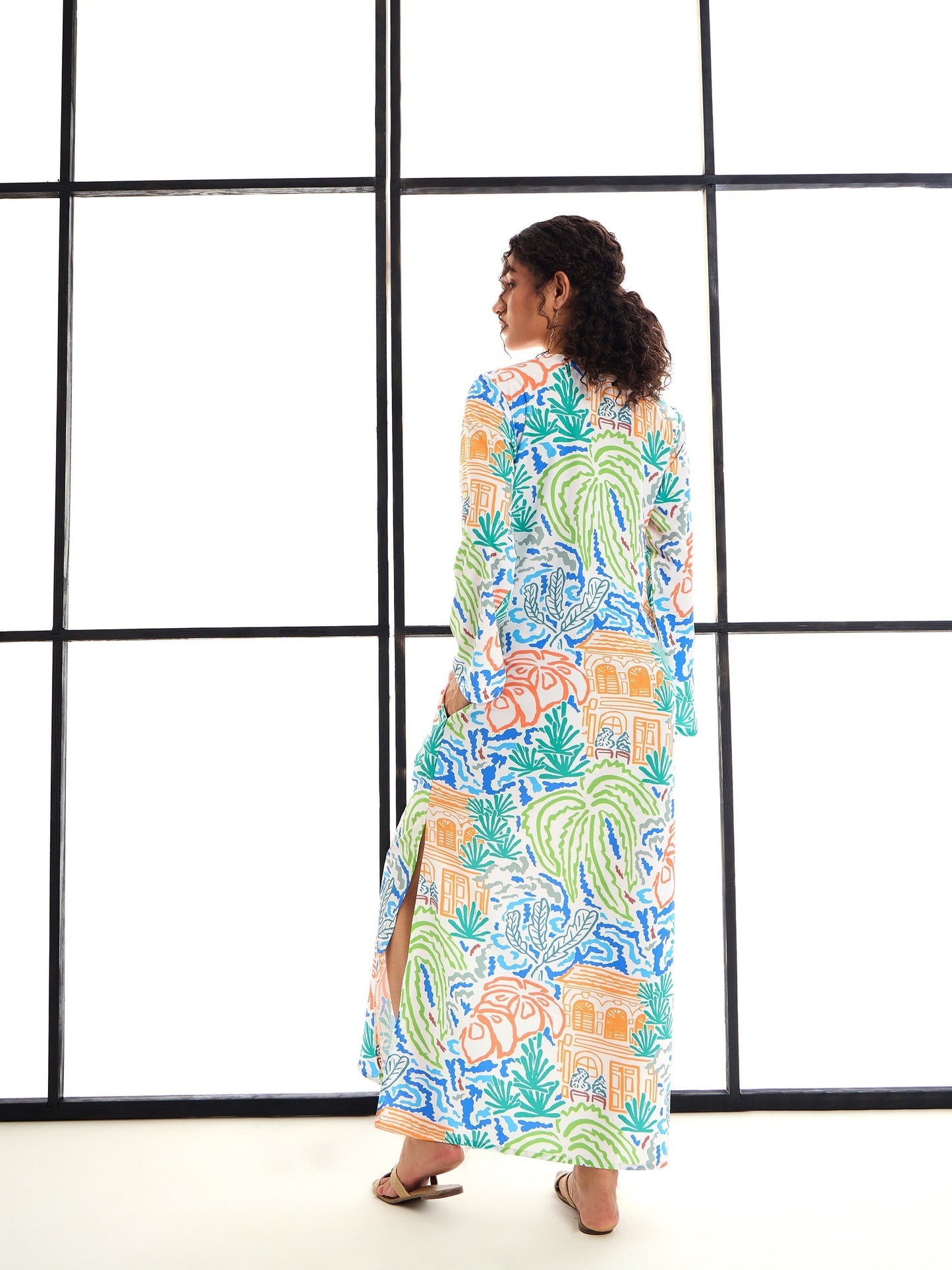 Multi Colour Tropical Print Mandarin Collar Abaya Dress
