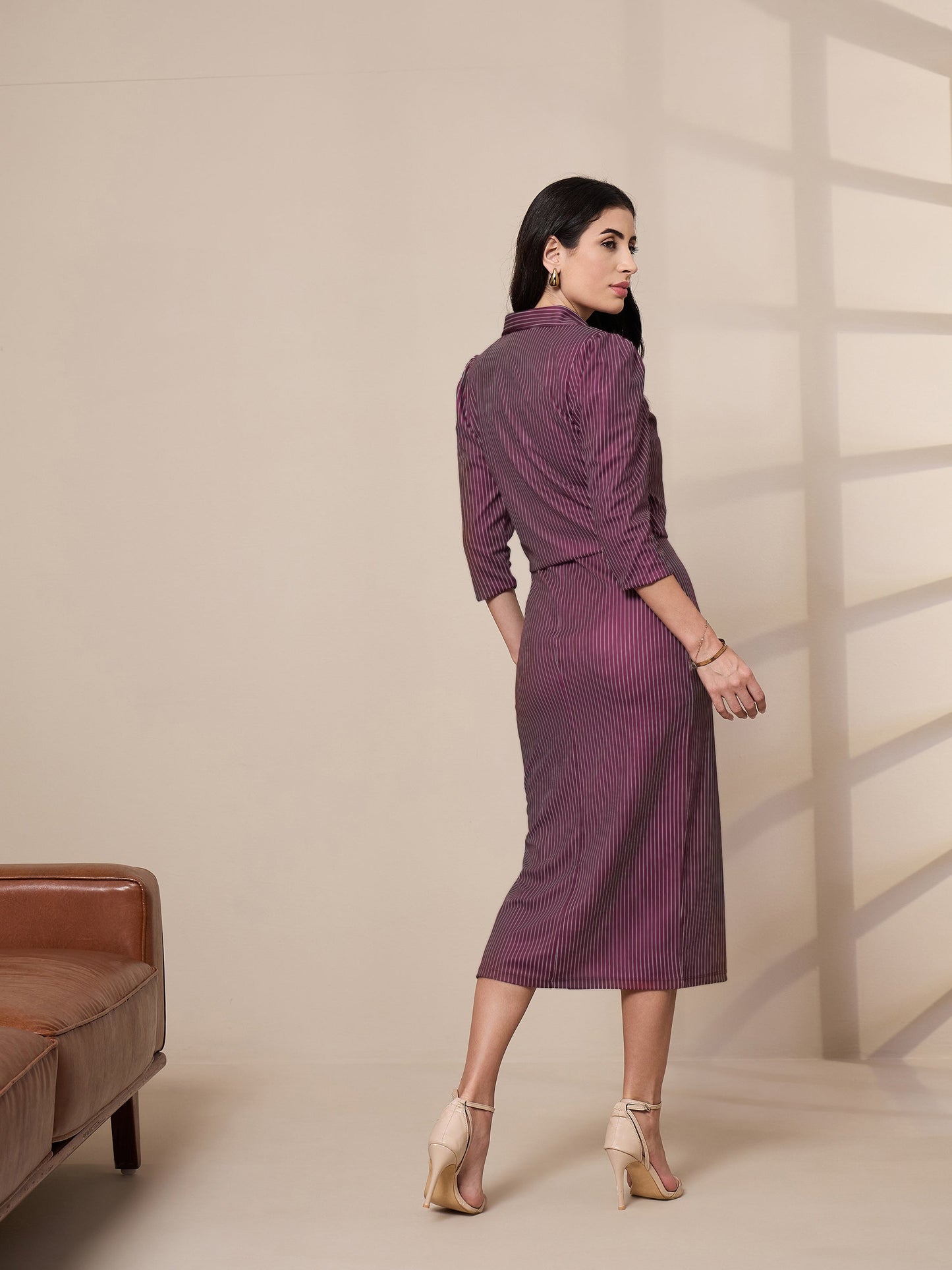 Maroon Striped Bodycon Dress With Crop Blazer