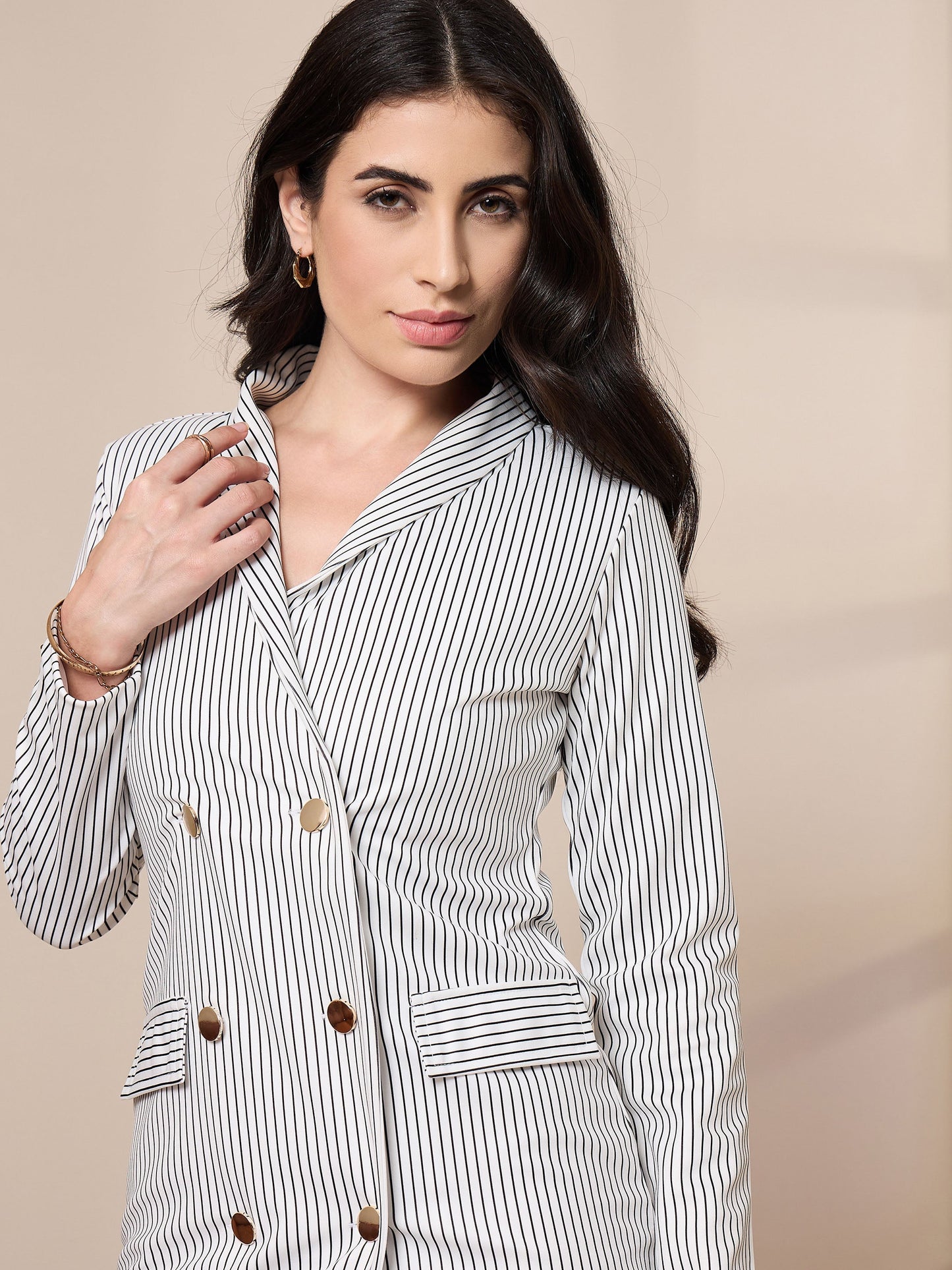 White Striped Double Breasted Blazer Dress