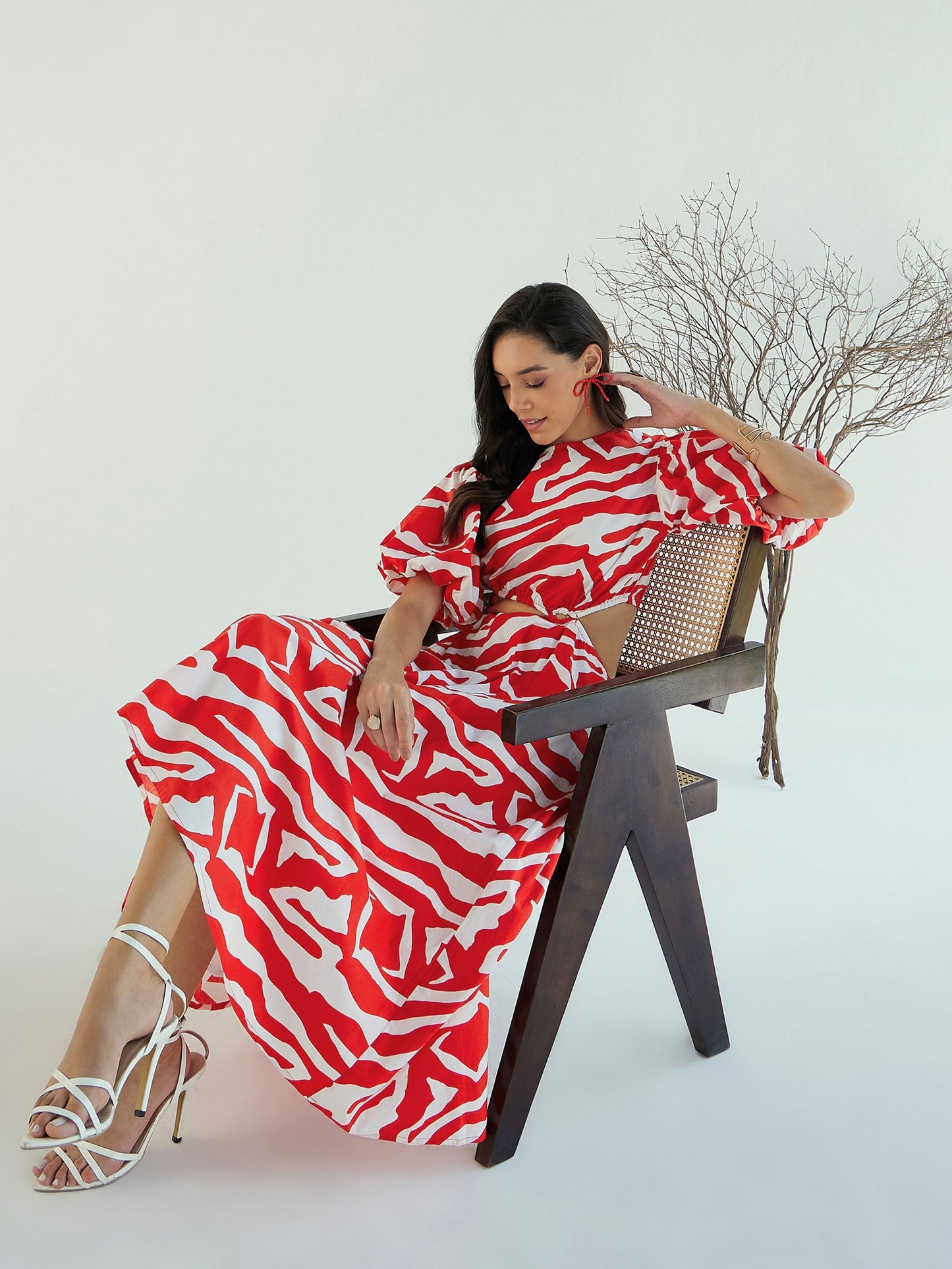 Red & White Printed Side Cut Out Midi Dress