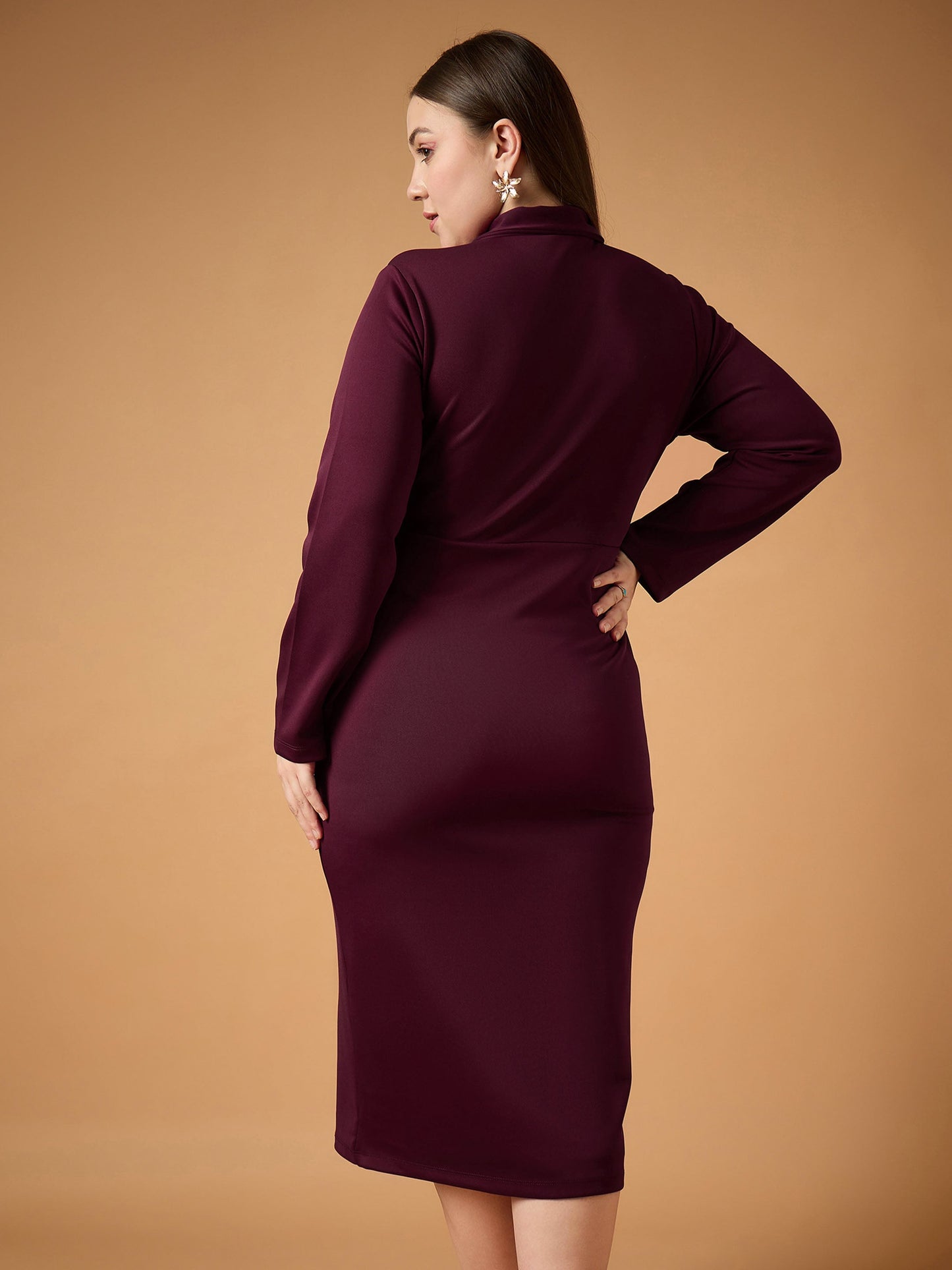 Burgundy Full Sleeves Midi Dress-SASSAFRAS Curve