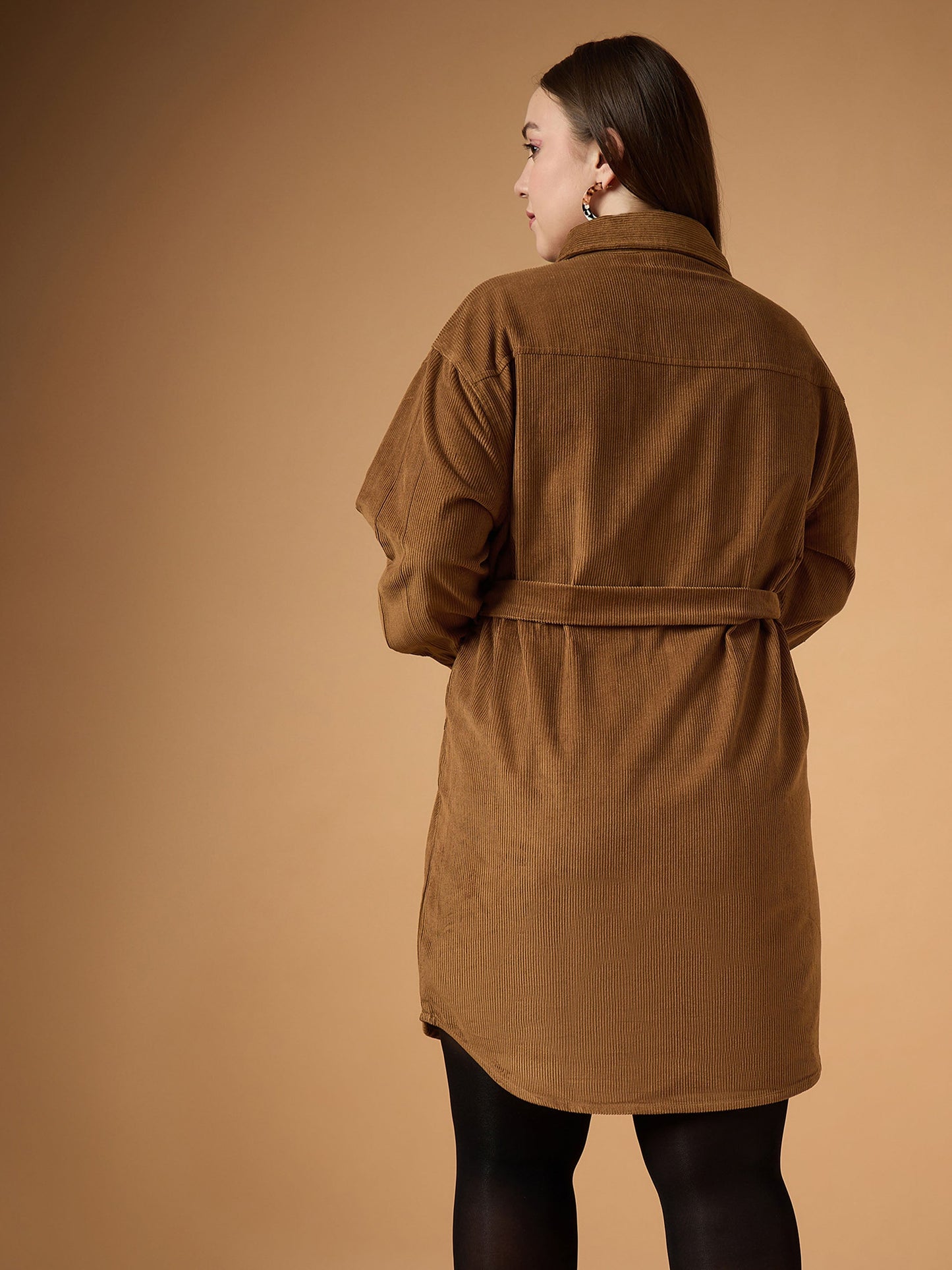 Brown Corduroy Front Button Dress