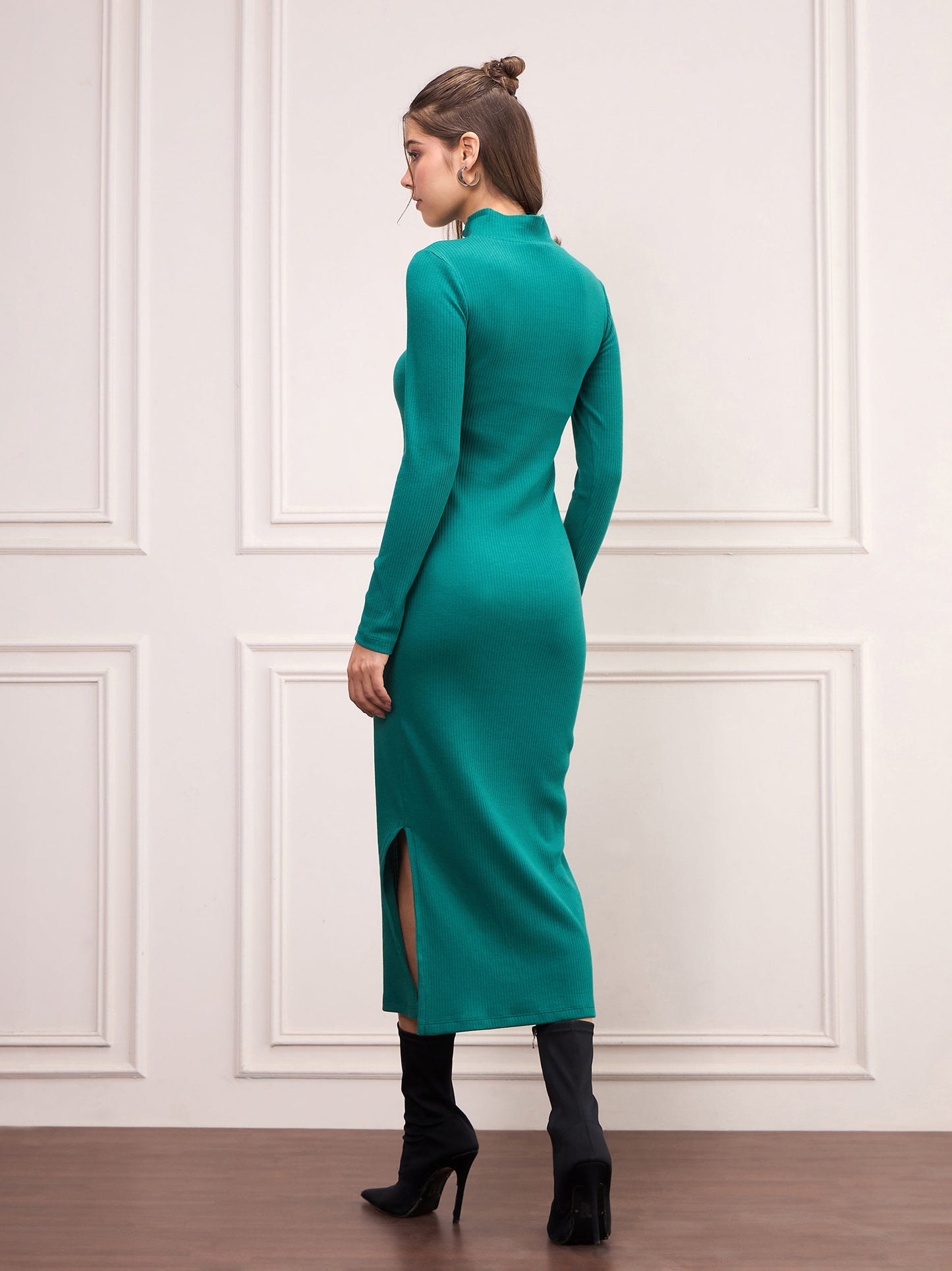 Women Bottle Green Rib High Neck Front Zipper Dress