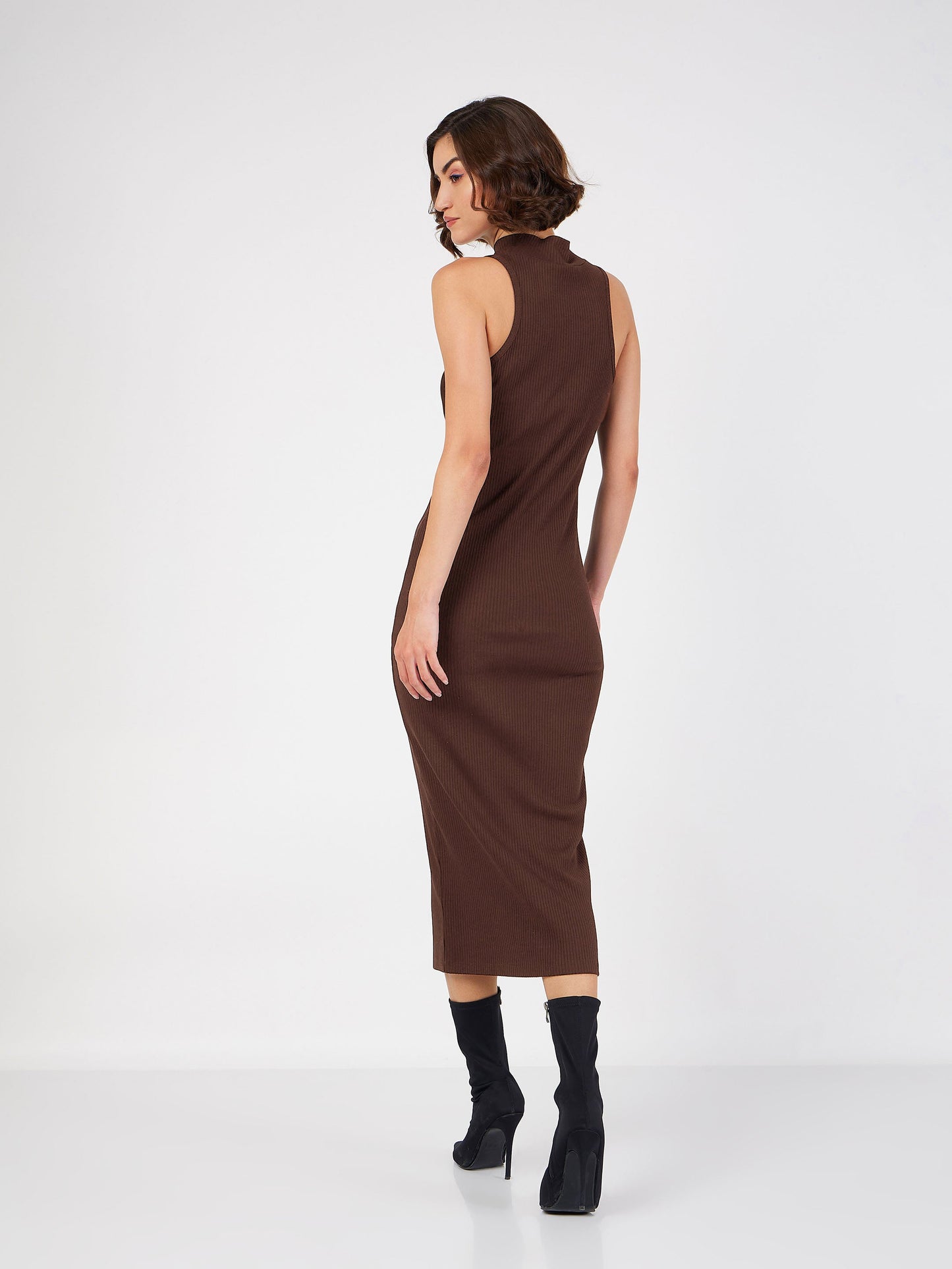 Dark Brown Rib Turtle Neck Sleeveless Midi Dress