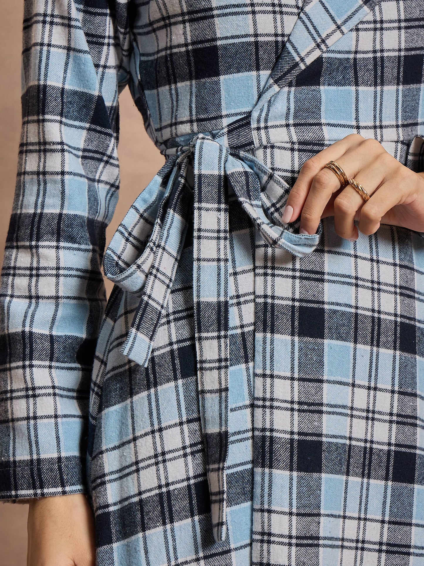 Women Blue Check Wrap Tie-Up Midi Dress