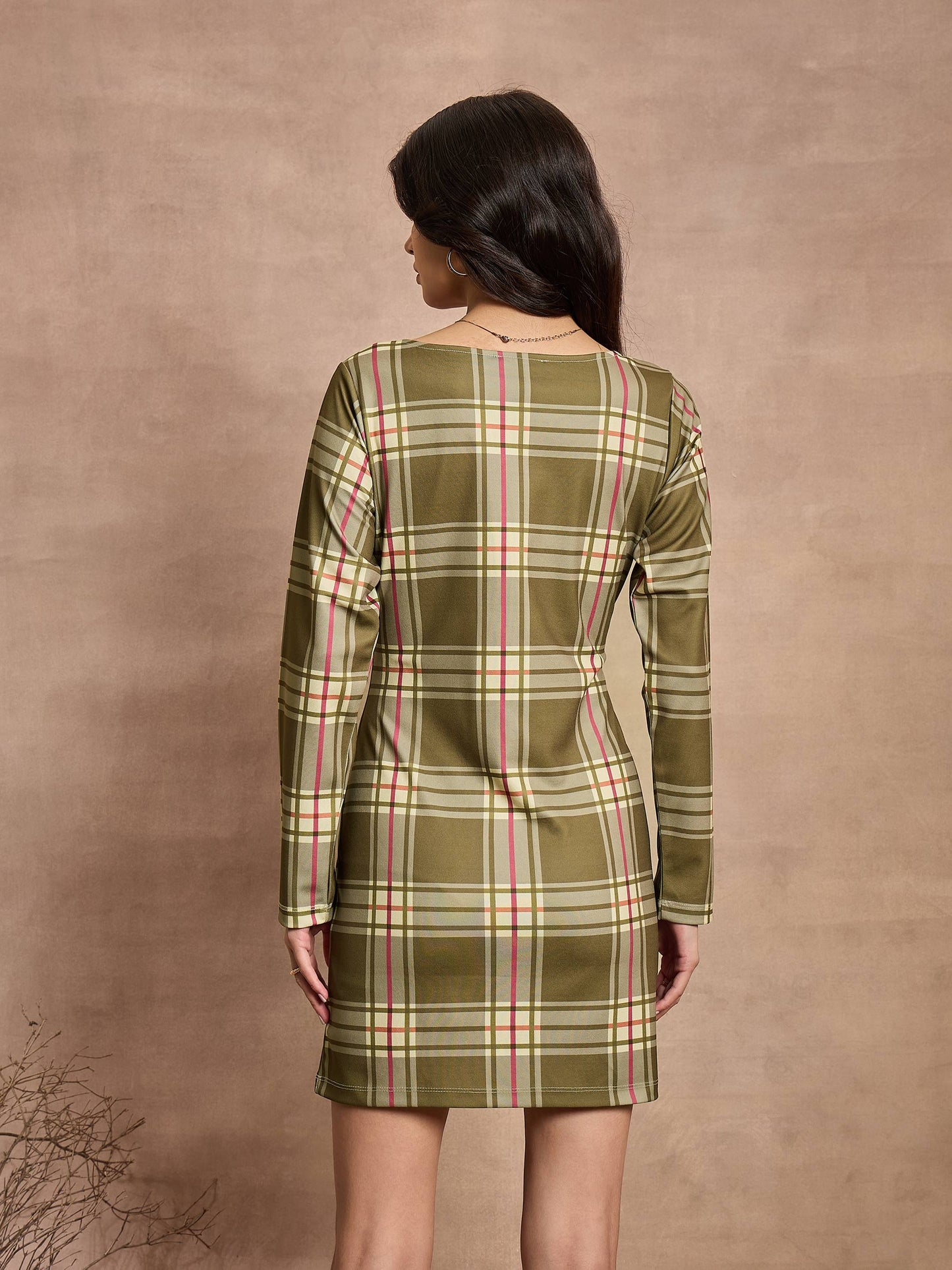 Green Check Front Button Short Dress