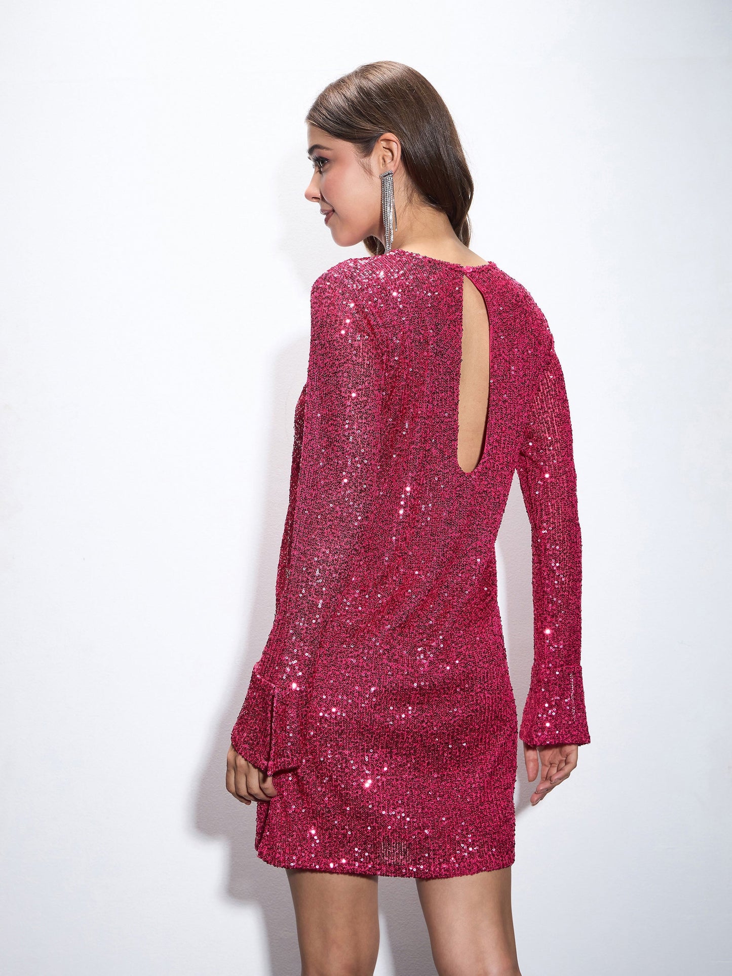 Fuchsia Sequin Back Cut-Out Short Dress