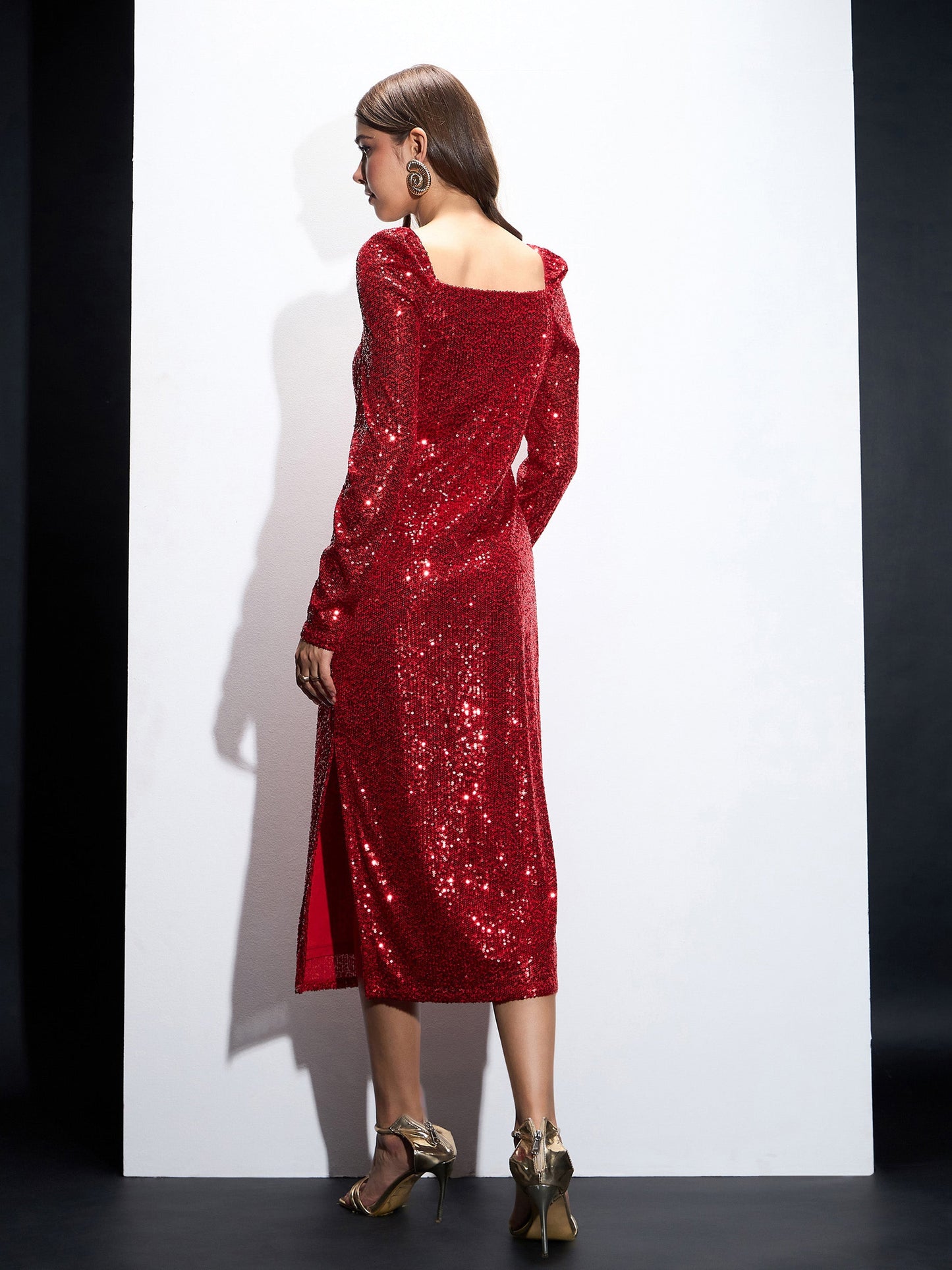 Red Sequin Square Neck Midi Dress