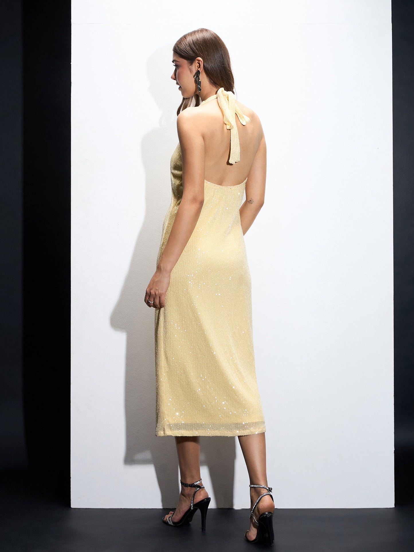 Women Yellow Sequin Halter Neck Short Dress