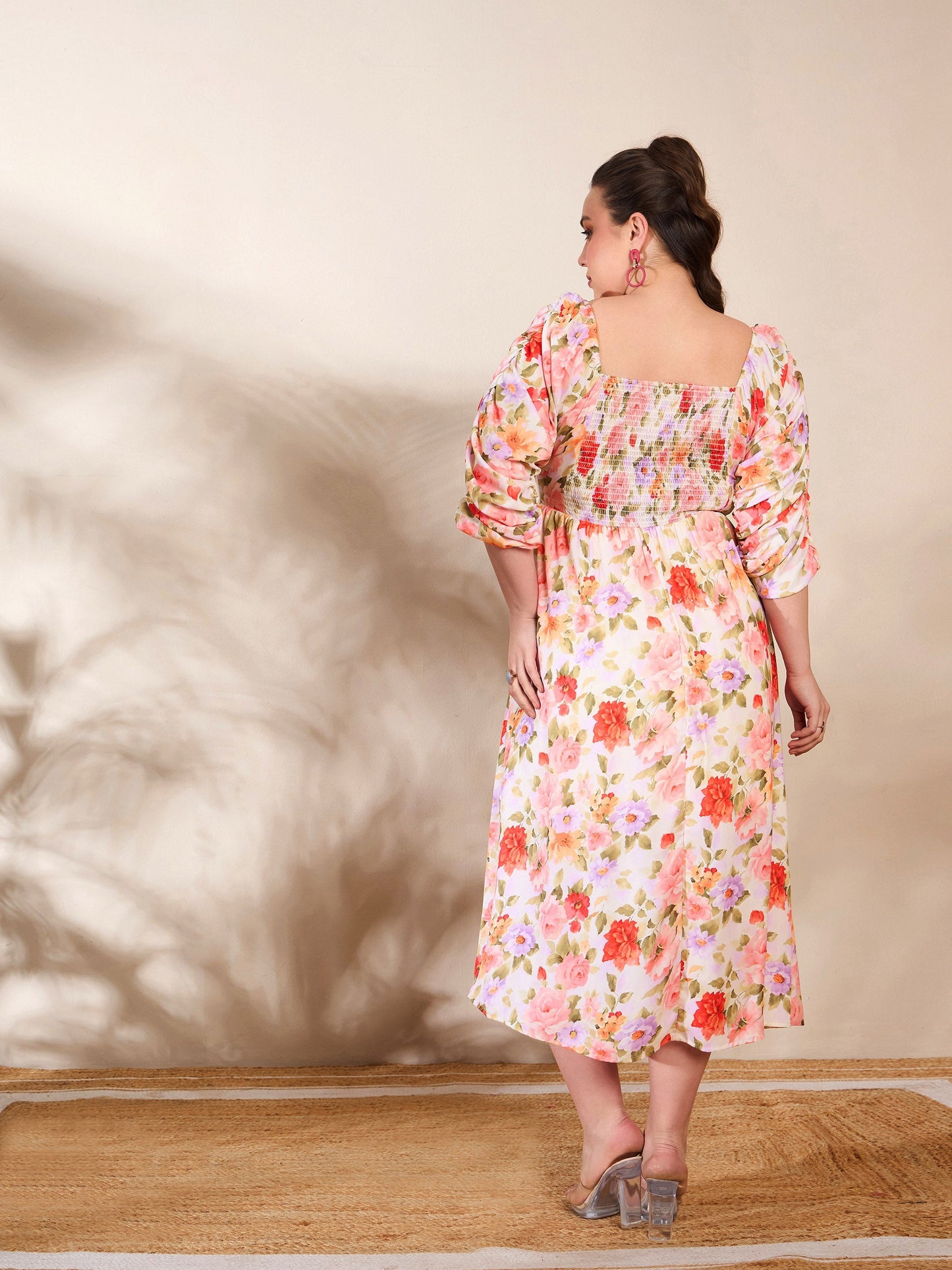 Beige Floral Rouching Sleeves Midi Dress