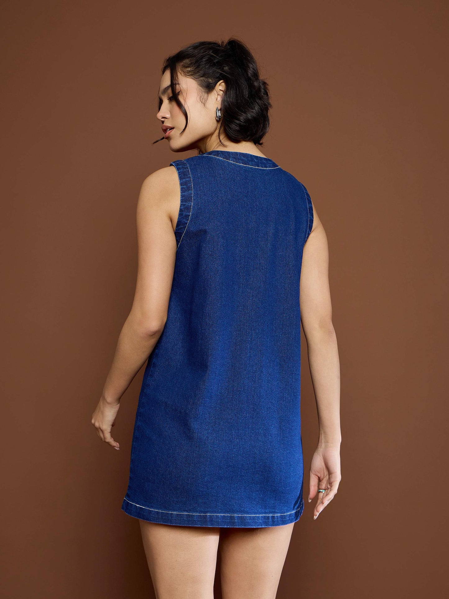 Women Navy Blue Front Pocket Short Dress