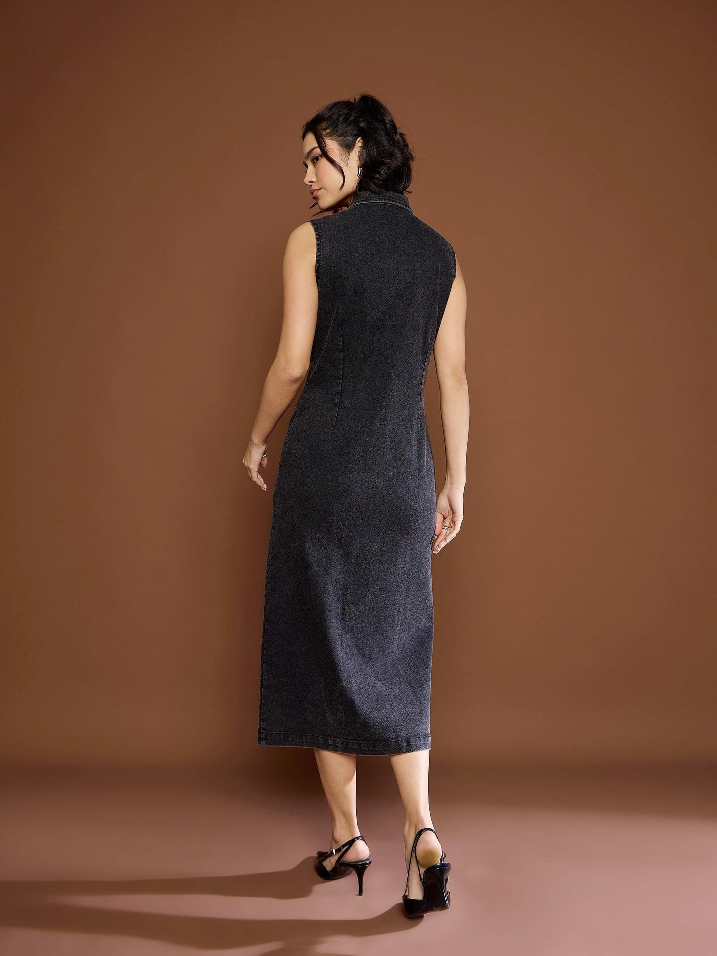 Women Black Washed Denim Front Button Midi Dress