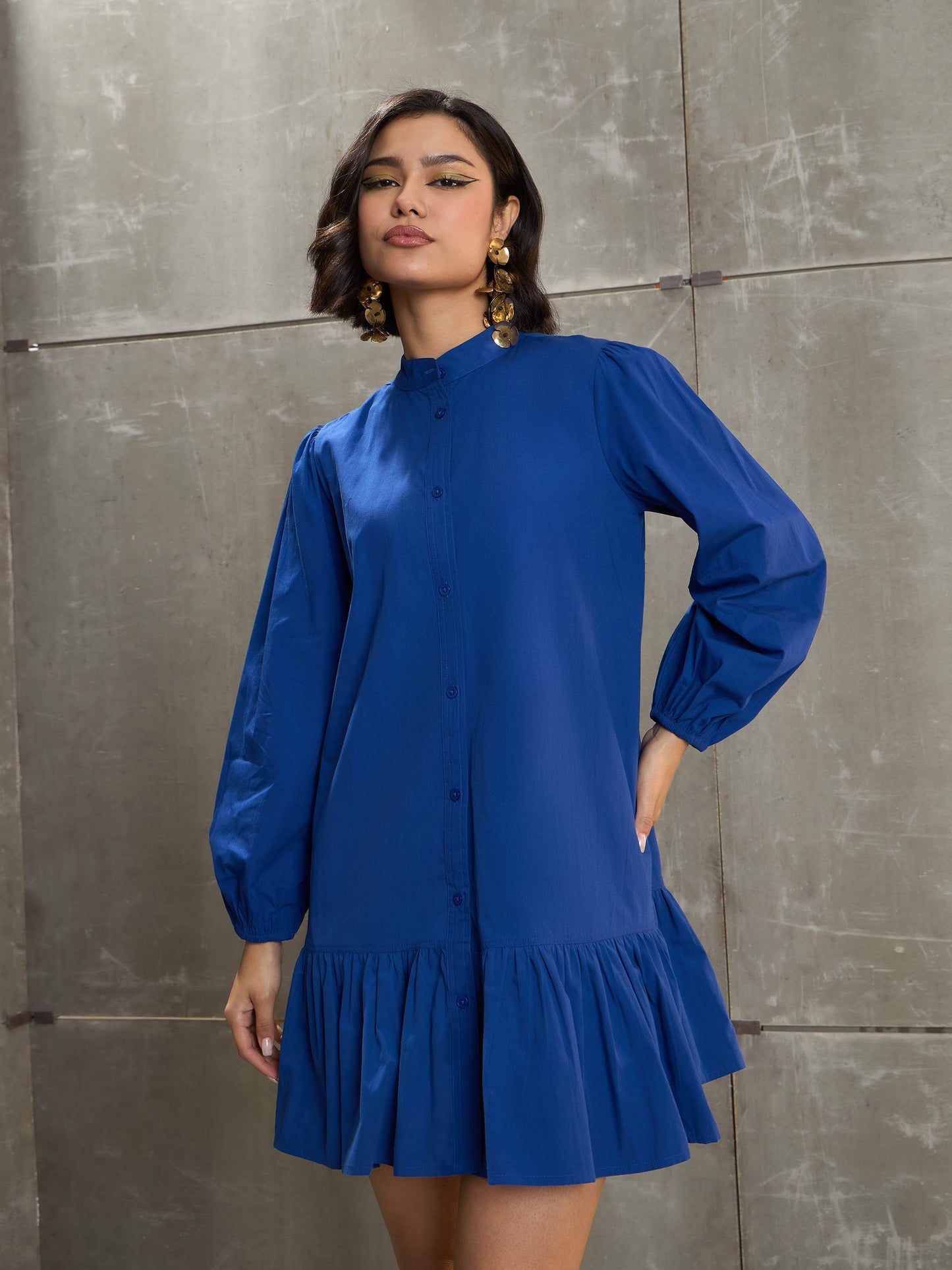 Royal Blue Poplin Frill Hem Short Dress