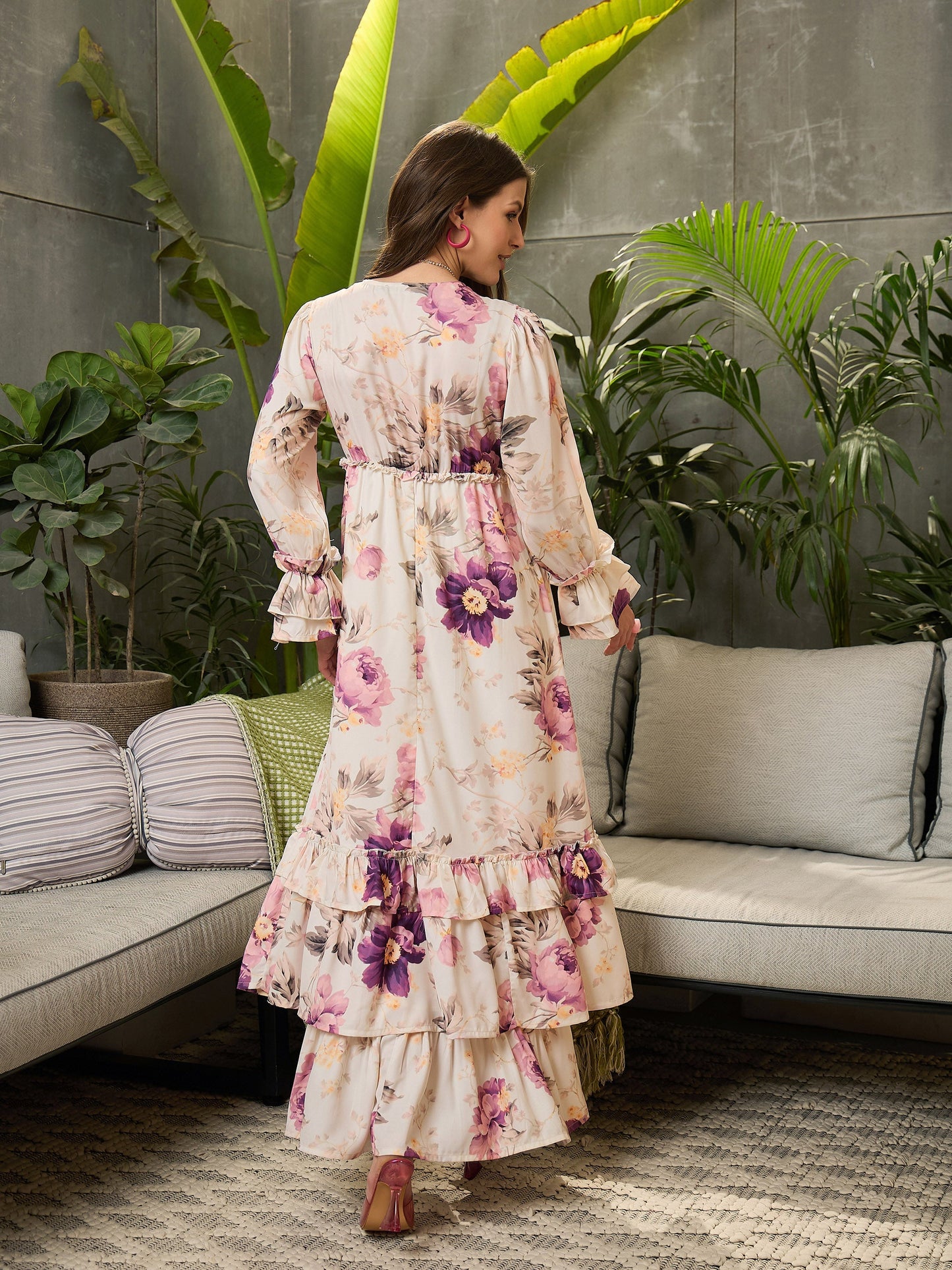 Women Off-White Floral V-Neck Flared Maxi Dress