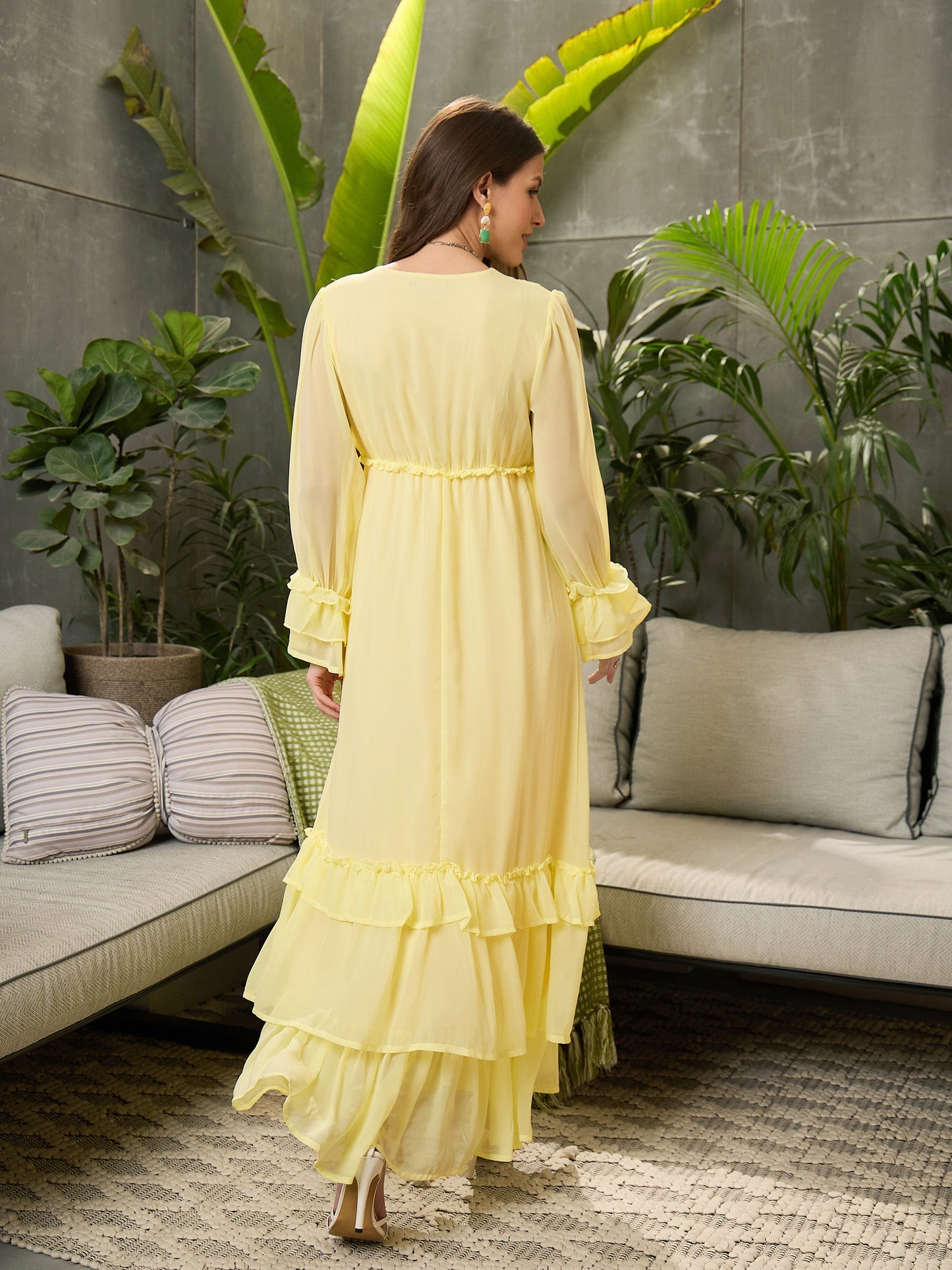Women Yellow V-Neck Flared Maxi Dress