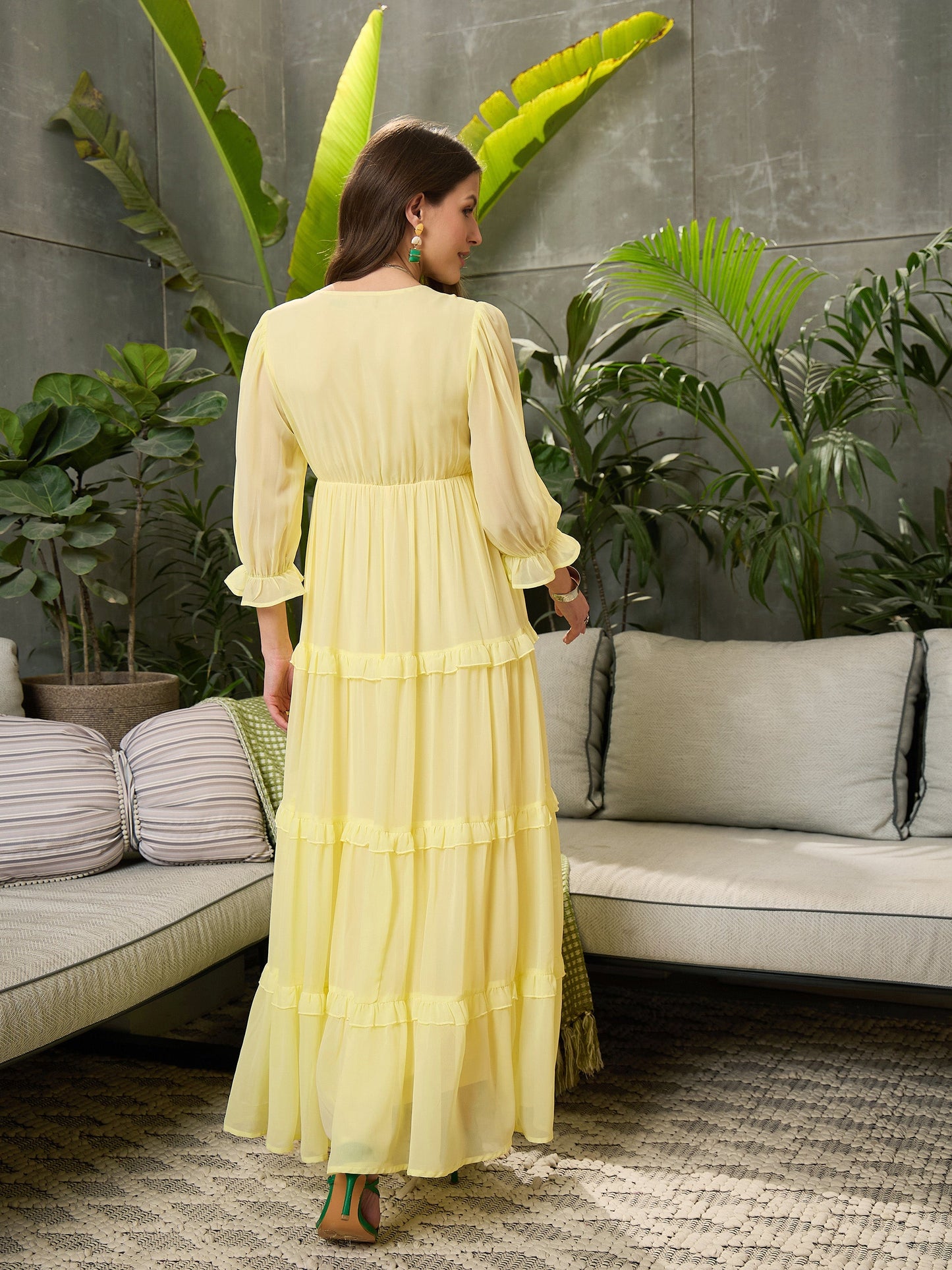 Women Yellow V-neck Tiered Maxi Dress