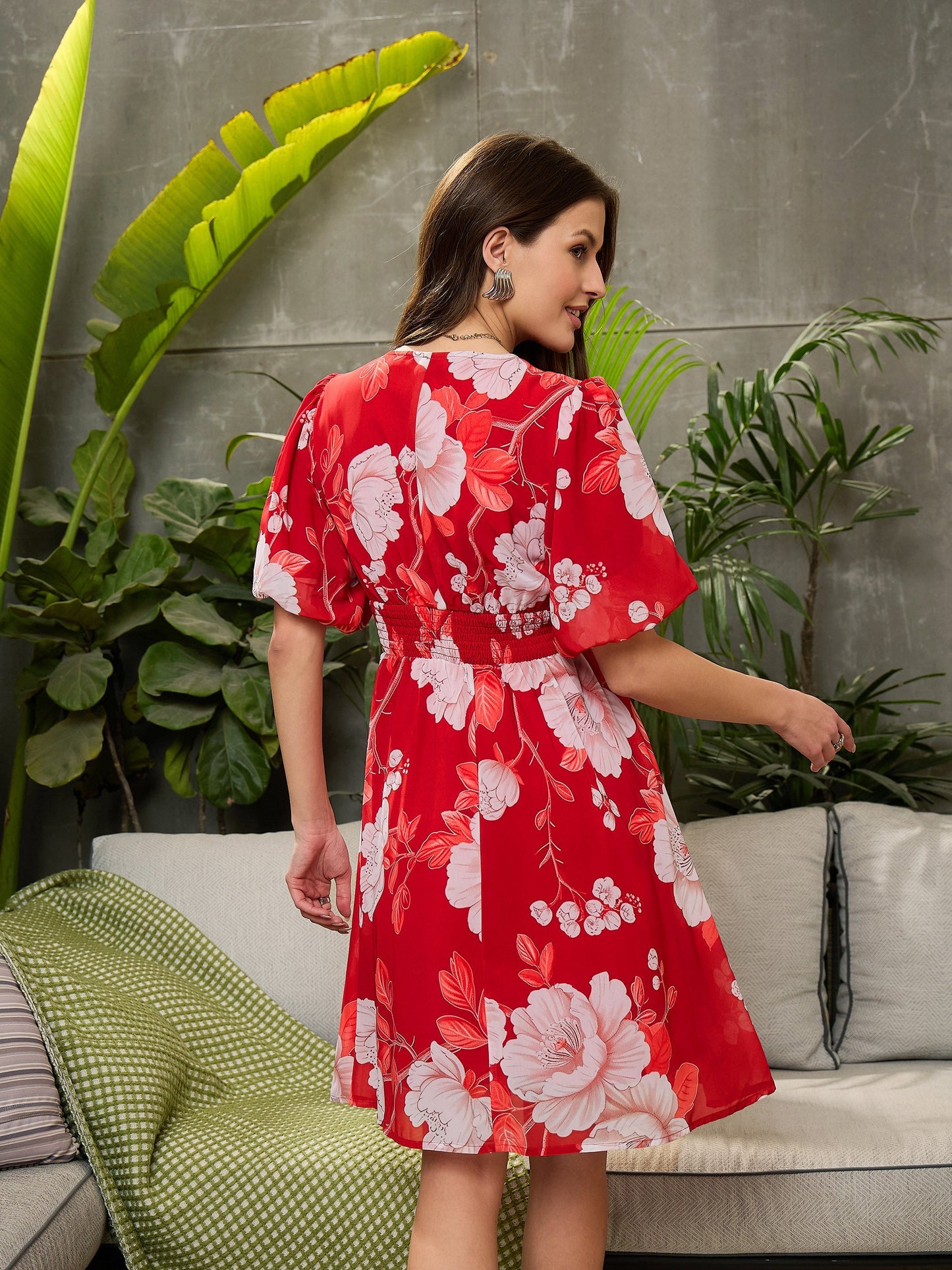 Women Red Floral Balloon Sleeve Short Dress