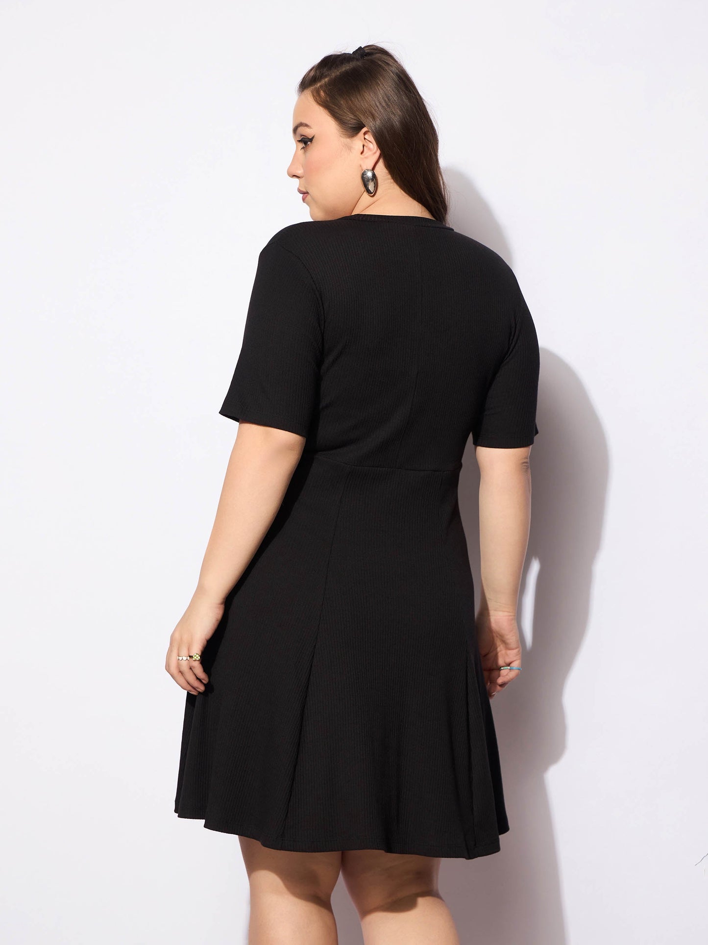 Black Rib Below Knee Skater Dress
