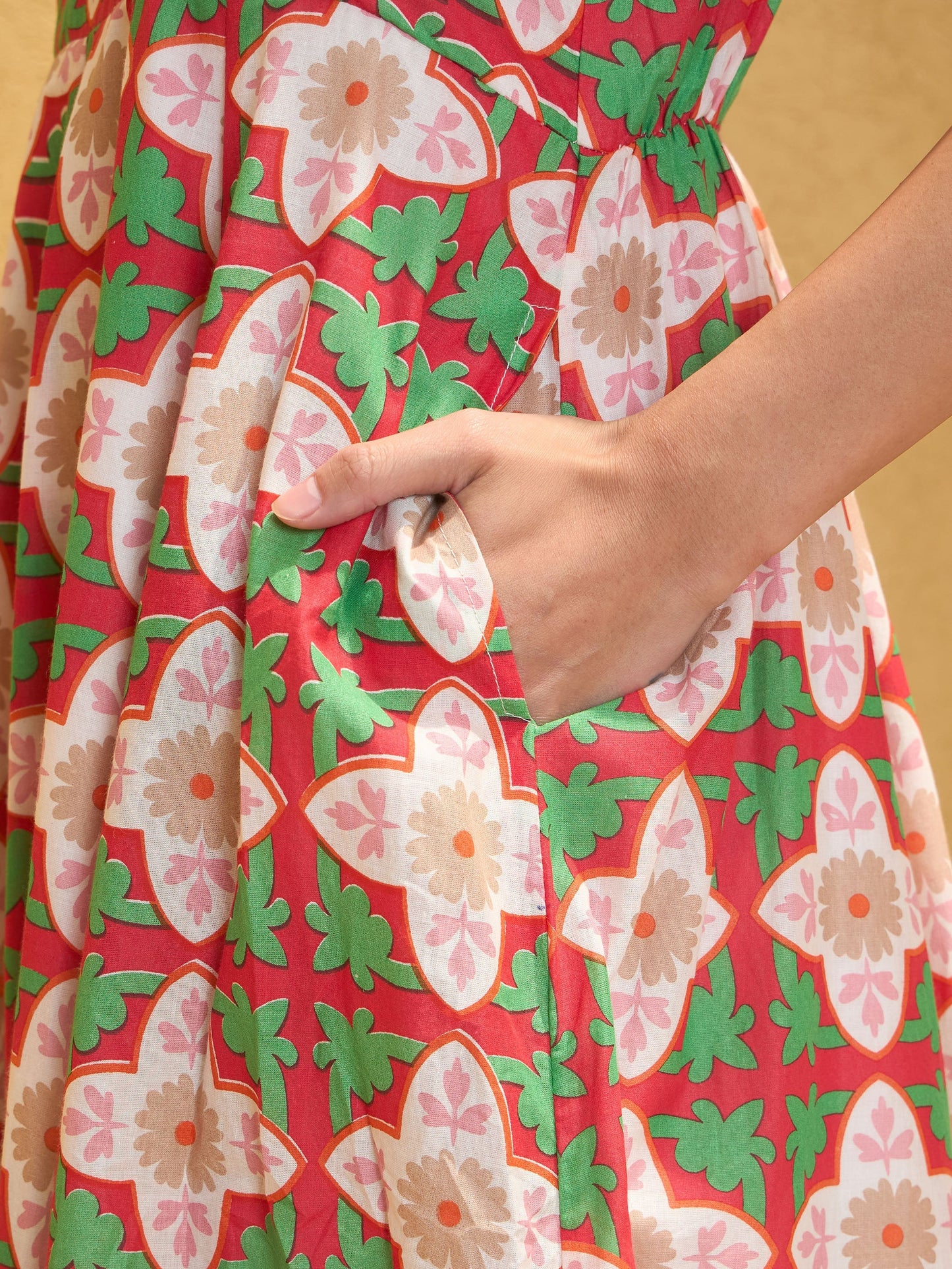 Red Floral Round Neck Sleeveless Midi Dress