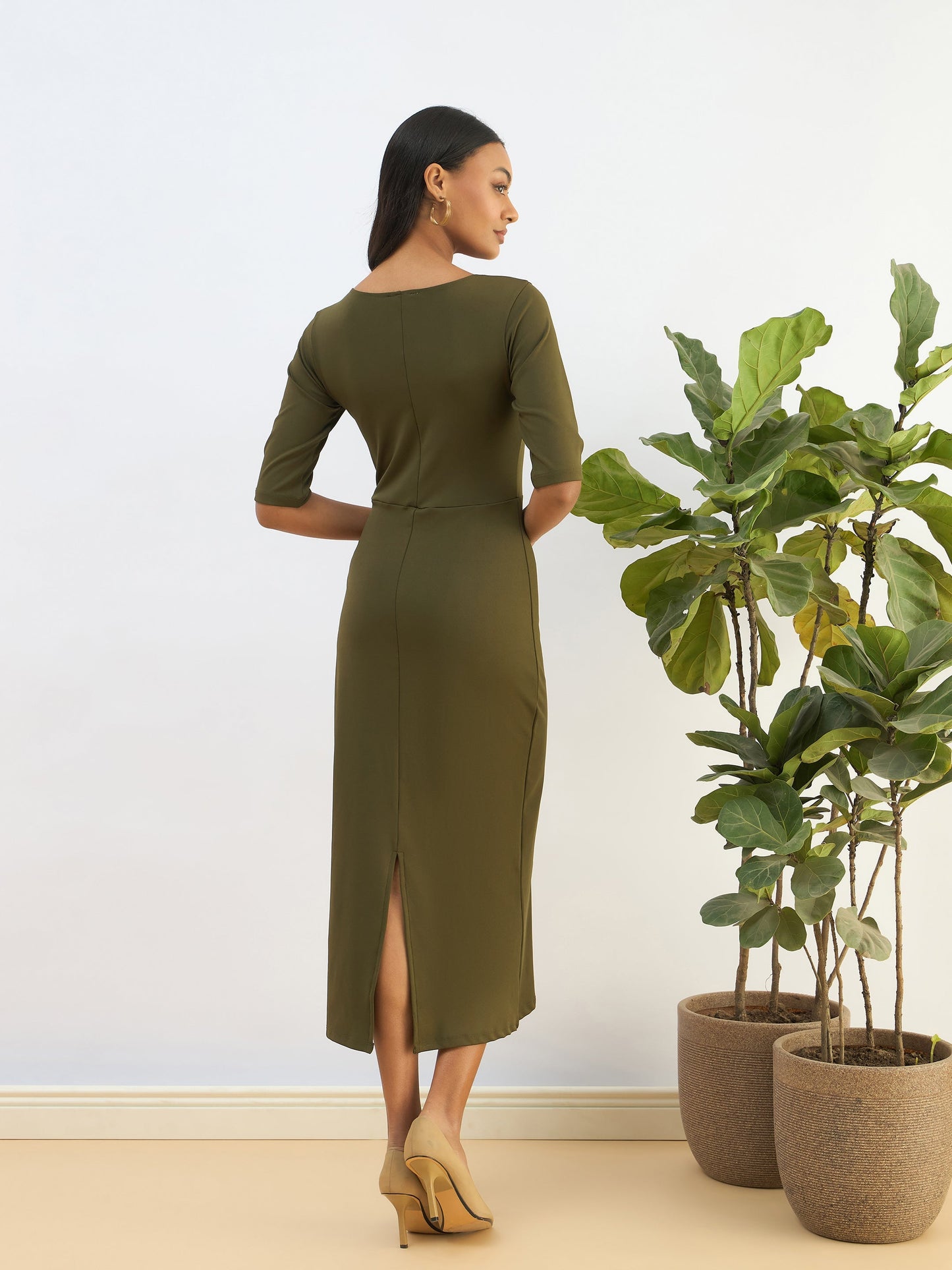 Women Olive Knitted Square Neck Bodycon Midi Dress
