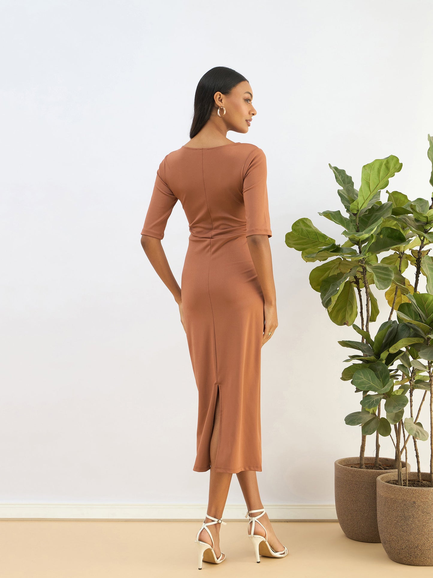 Rust Knitted Square Neck Bodycon Midi Dress